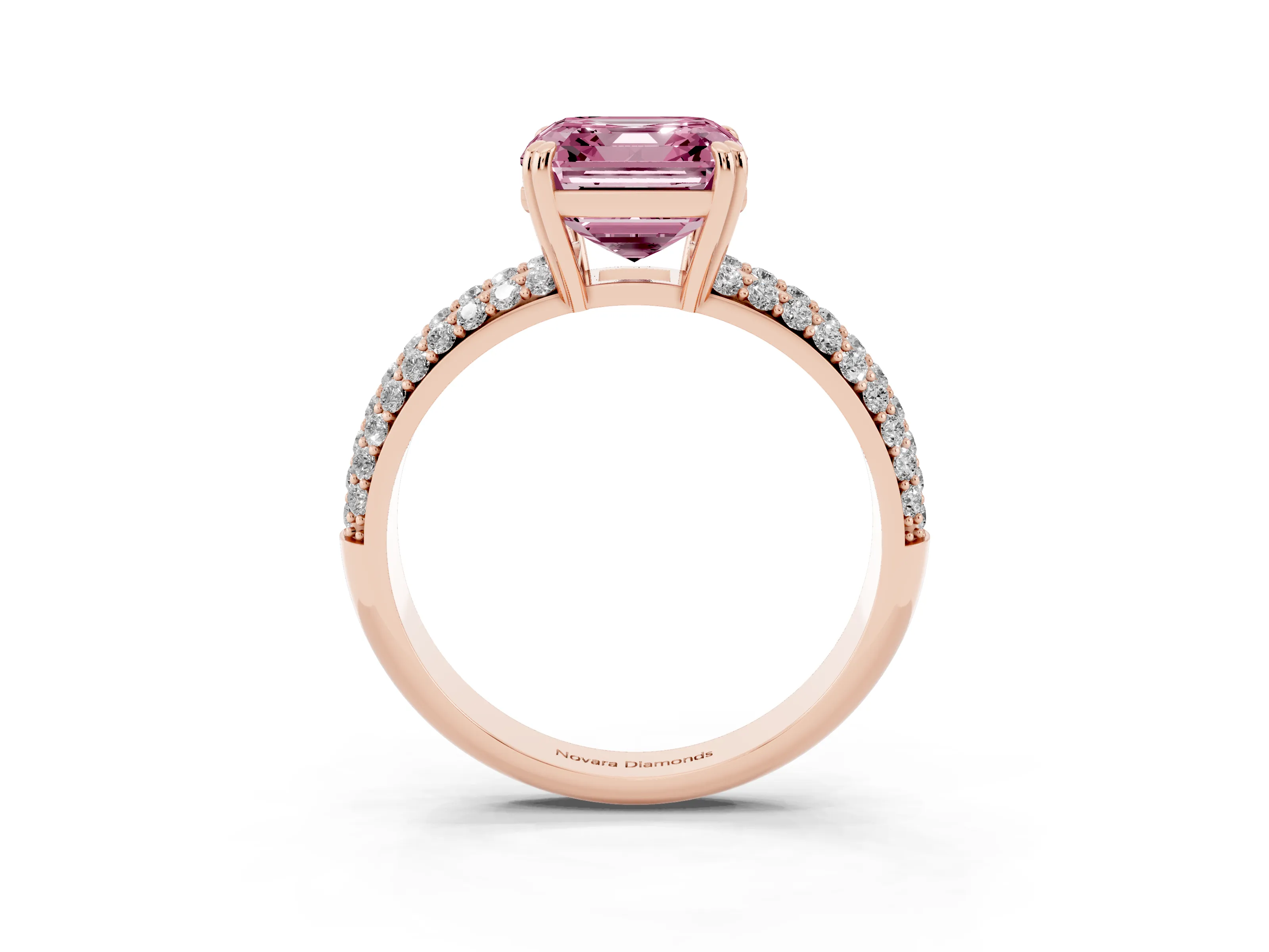 Fancy Pink Asscher Cut Diamond Solitaire Ring Set in Rose gold with Multi-Row Round Pavé Band and Prong Setting