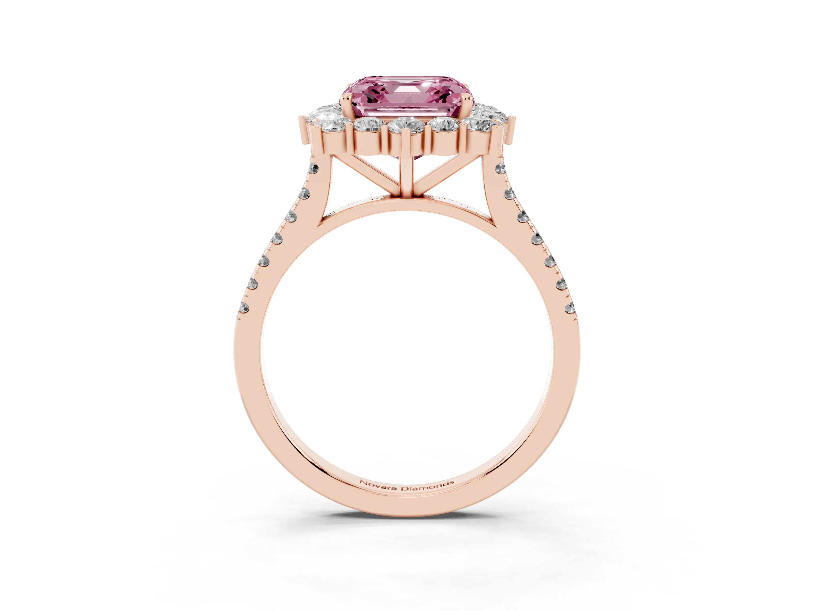 Fancy Pink Asscher Cut Diamond Halo Ring Set in Rose gold with Pavé Band and Prong Setting