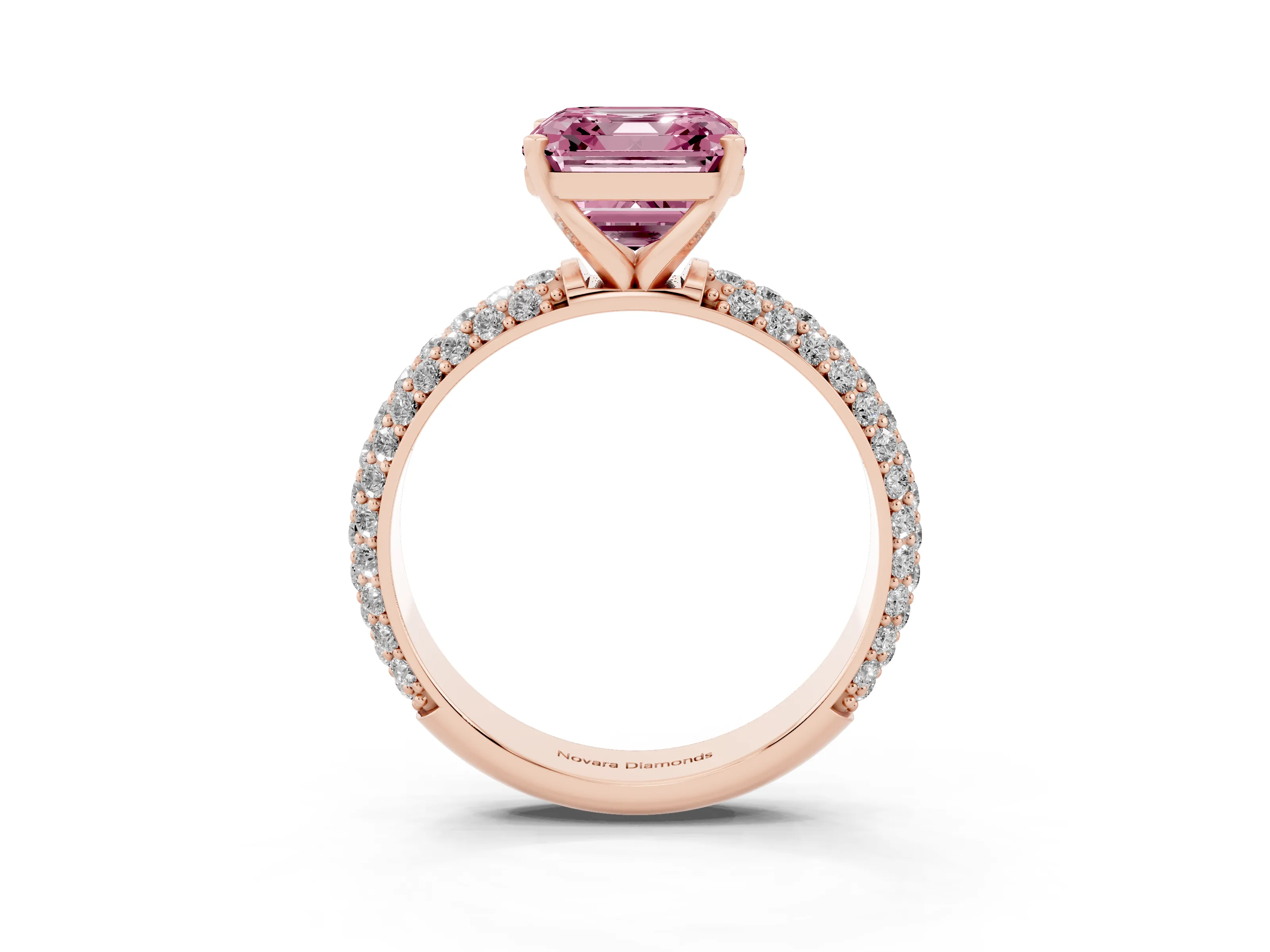 Fancy Pink Asscher Cut Diamond Solitaire Ring Set in Rose gold with Prong Setting and Pavé-Set Band