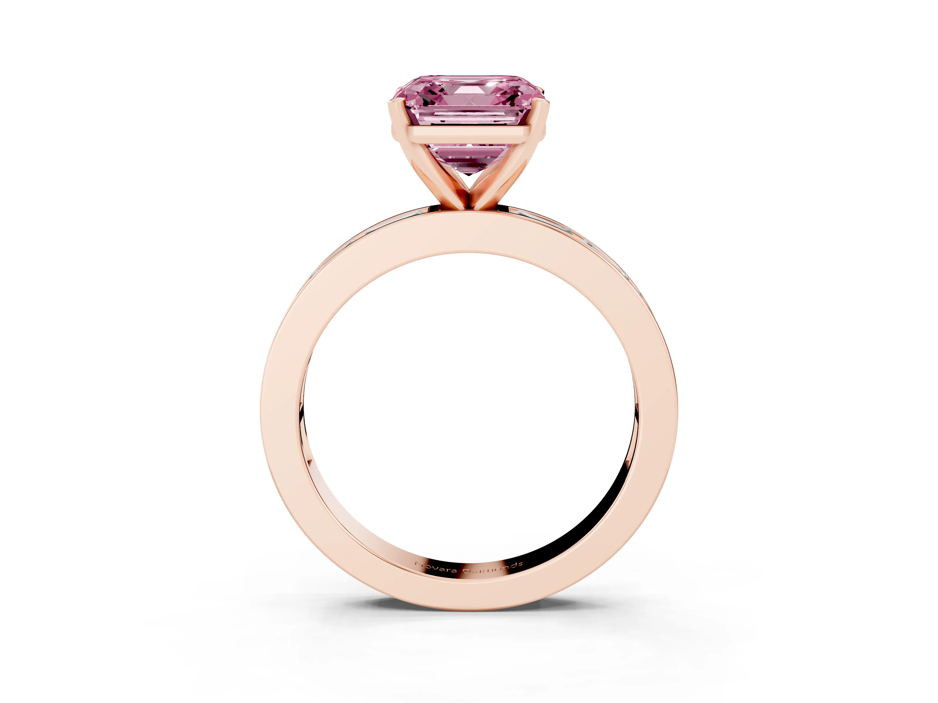Fancy Pink Asscher Cut Diamond Solitaire Ring Set in Rose gold with Channel-Set Baguette Band and Prong Setting
