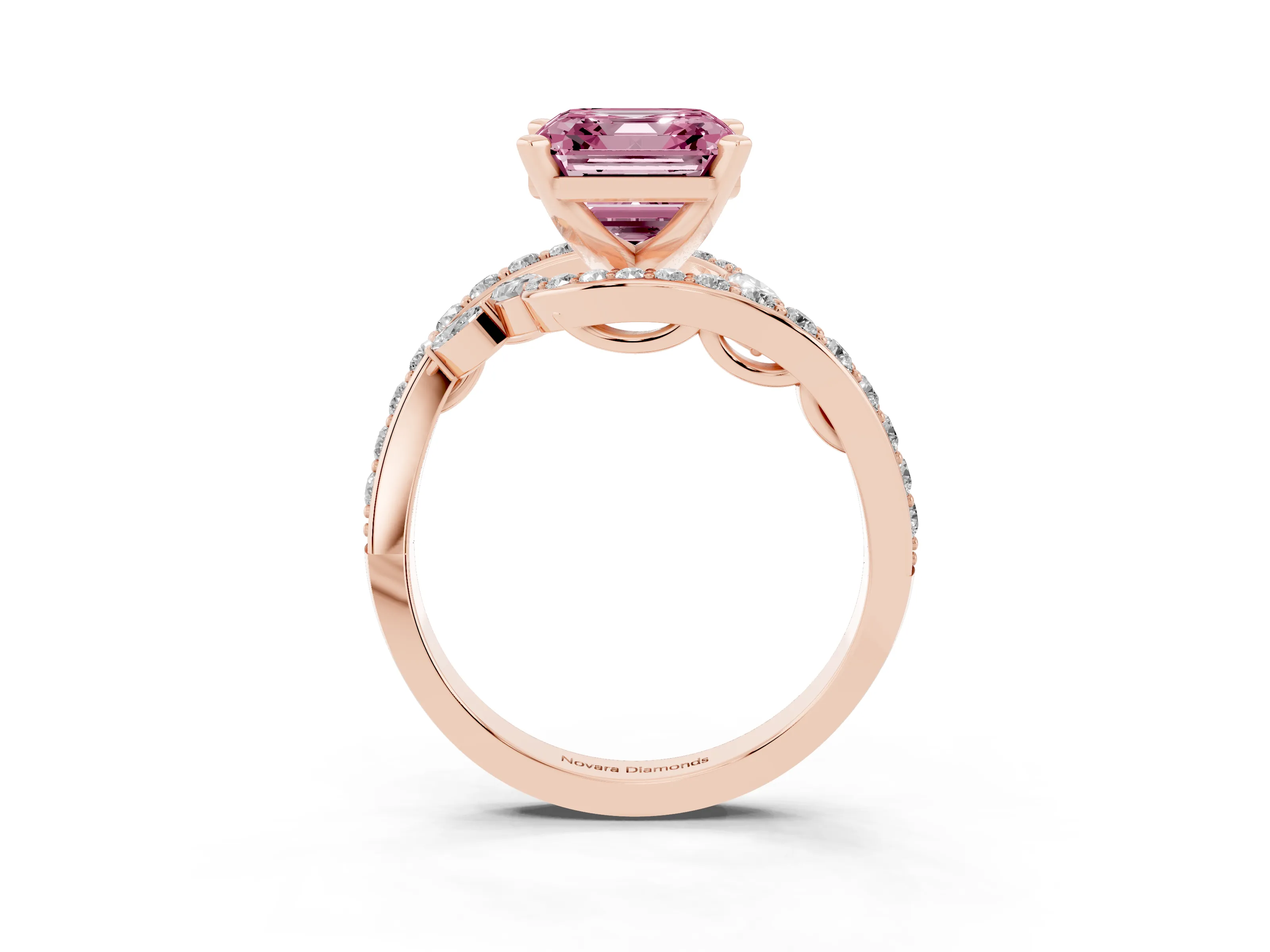 Fancy Pink Asscher Cut Diamond Solitaire Ring Set in Rose gold with Pavé Twist Band and Secure Prong Setting