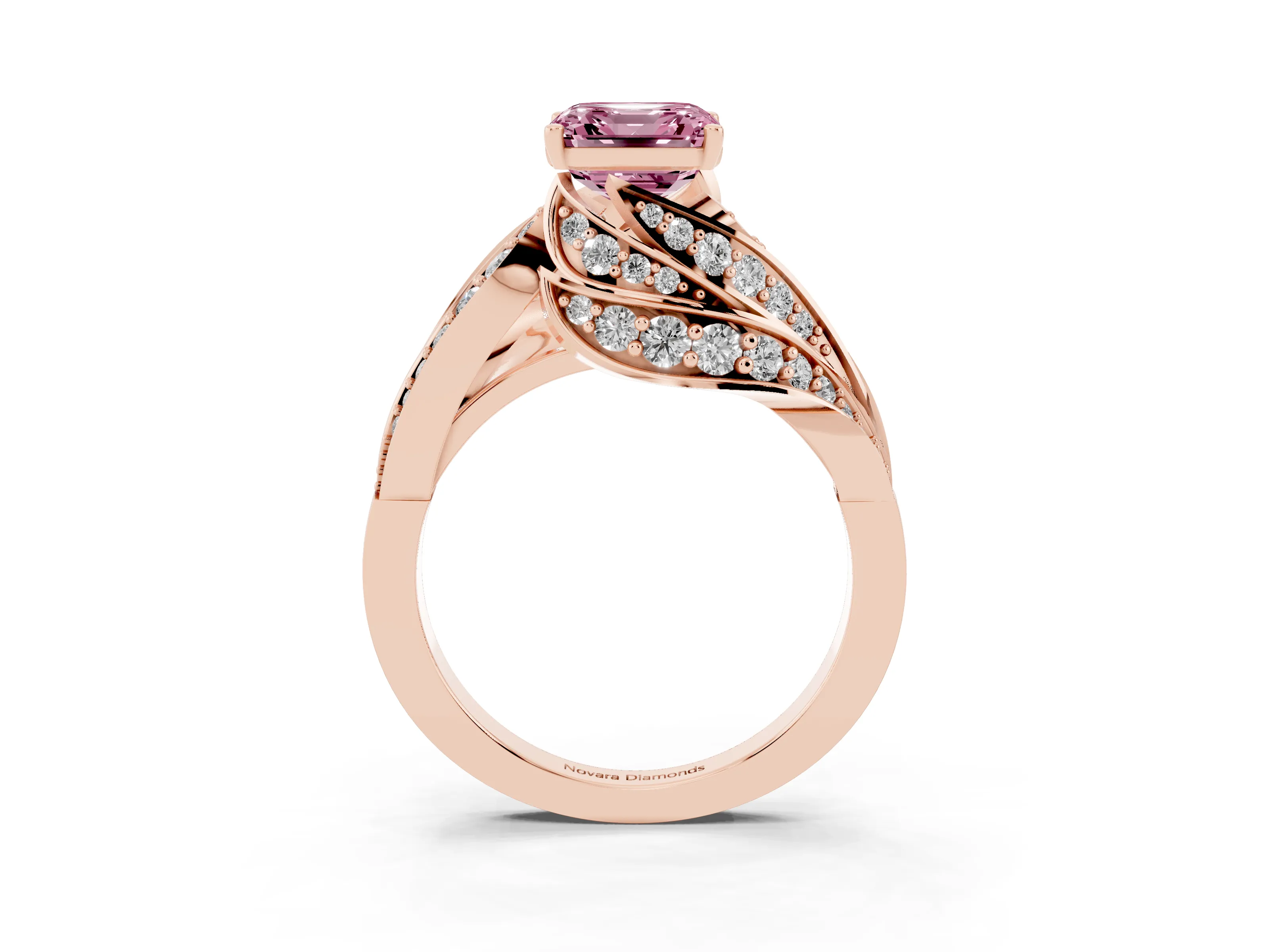 Fancy Pink Asscher Cut Diamond Solitaire Ring Set in Rose gold with Layered Twist Pavé Band