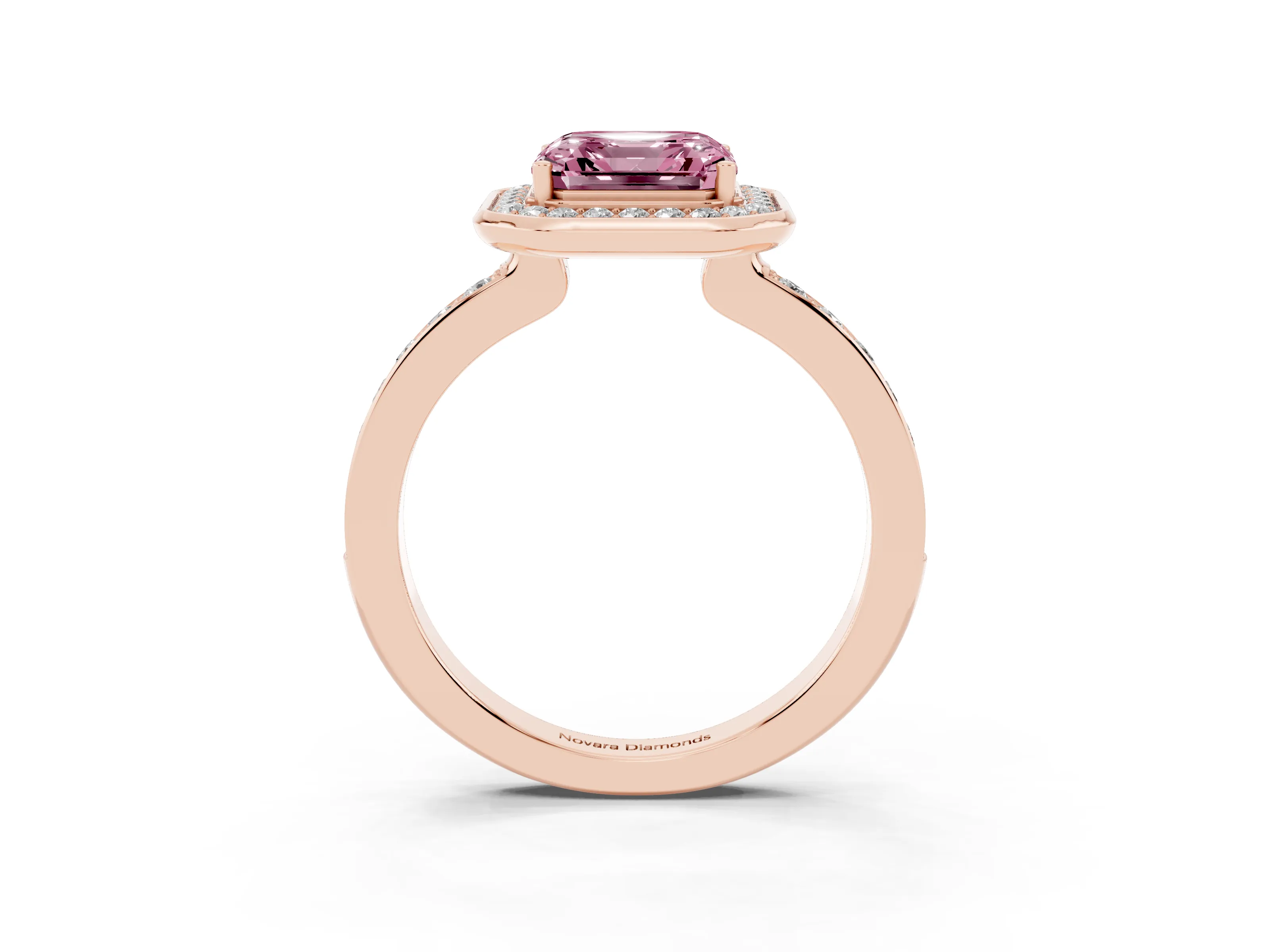 Fancy Pink Asscher Cut Diamond Halo Ring Set in Rose gold with Bezel Frame and Pavé Band