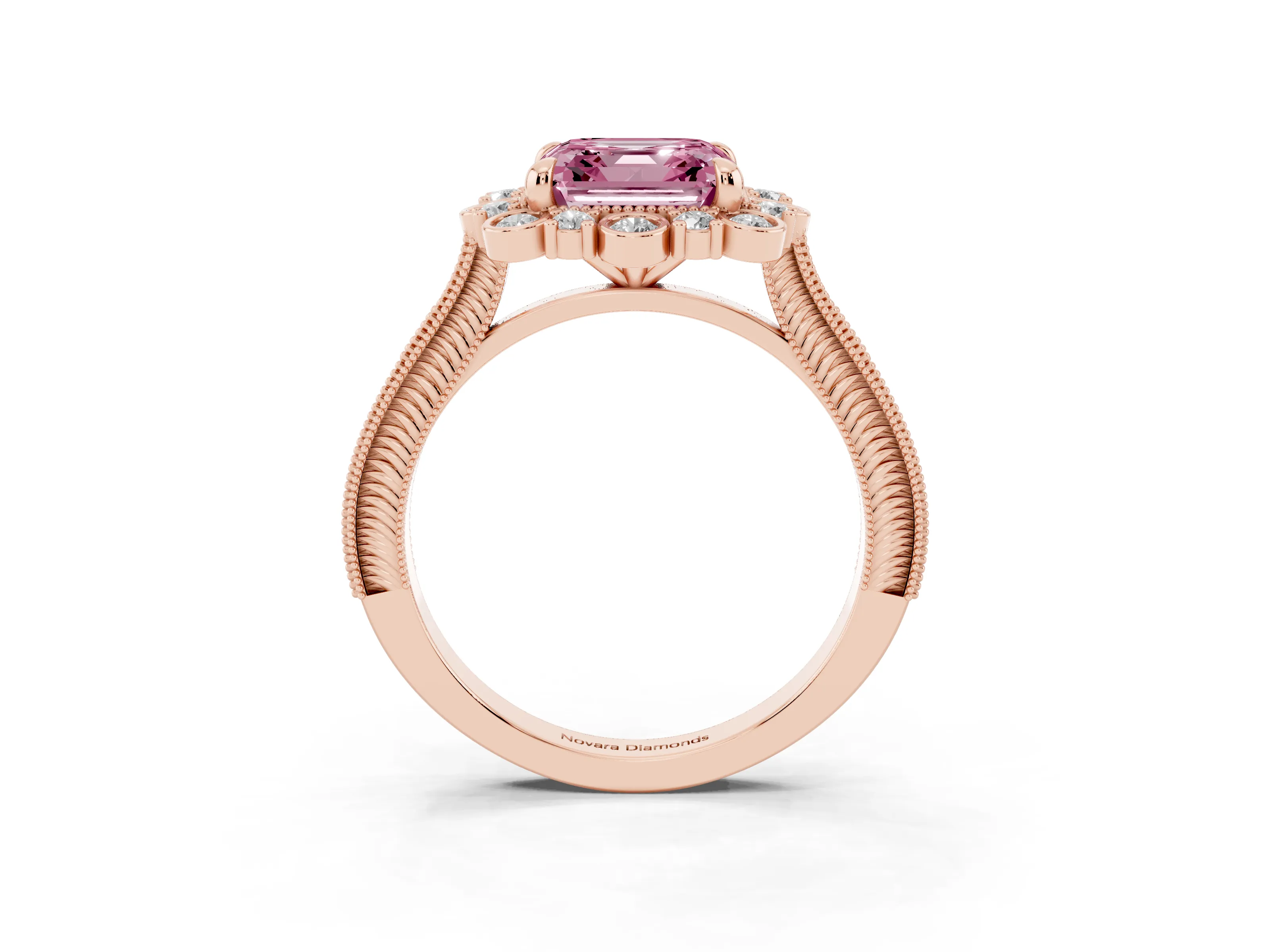 Fancy Pink Asscher Cut Diamond Halo Milgrain Pavé Ring Set in Rose gold with Prong Setting