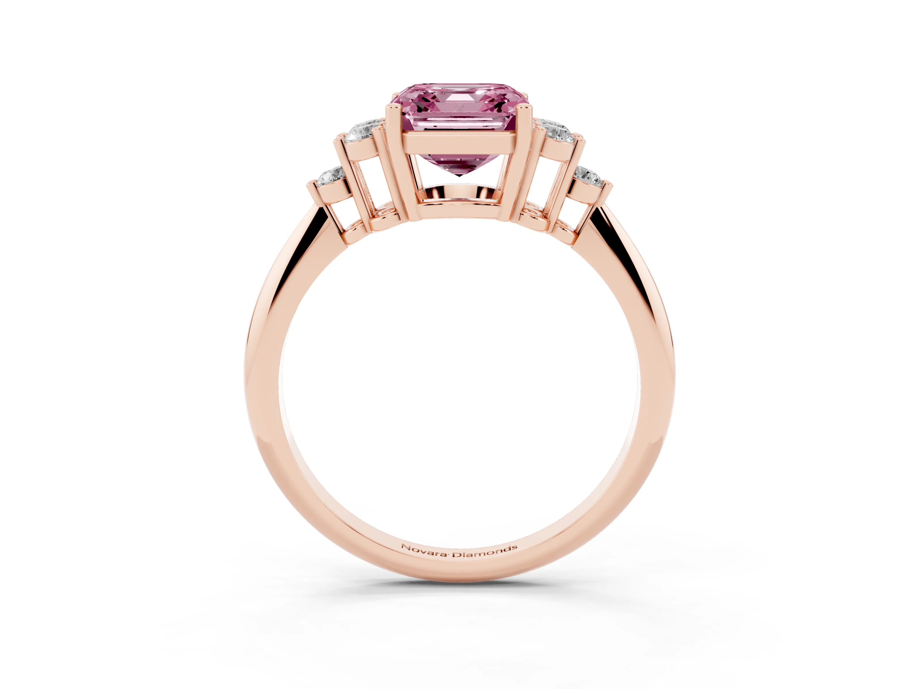 Fancy Pink Asscher Cut Diamond Cluster Ring Set in Rose gold with Plain Band and Prong Setting