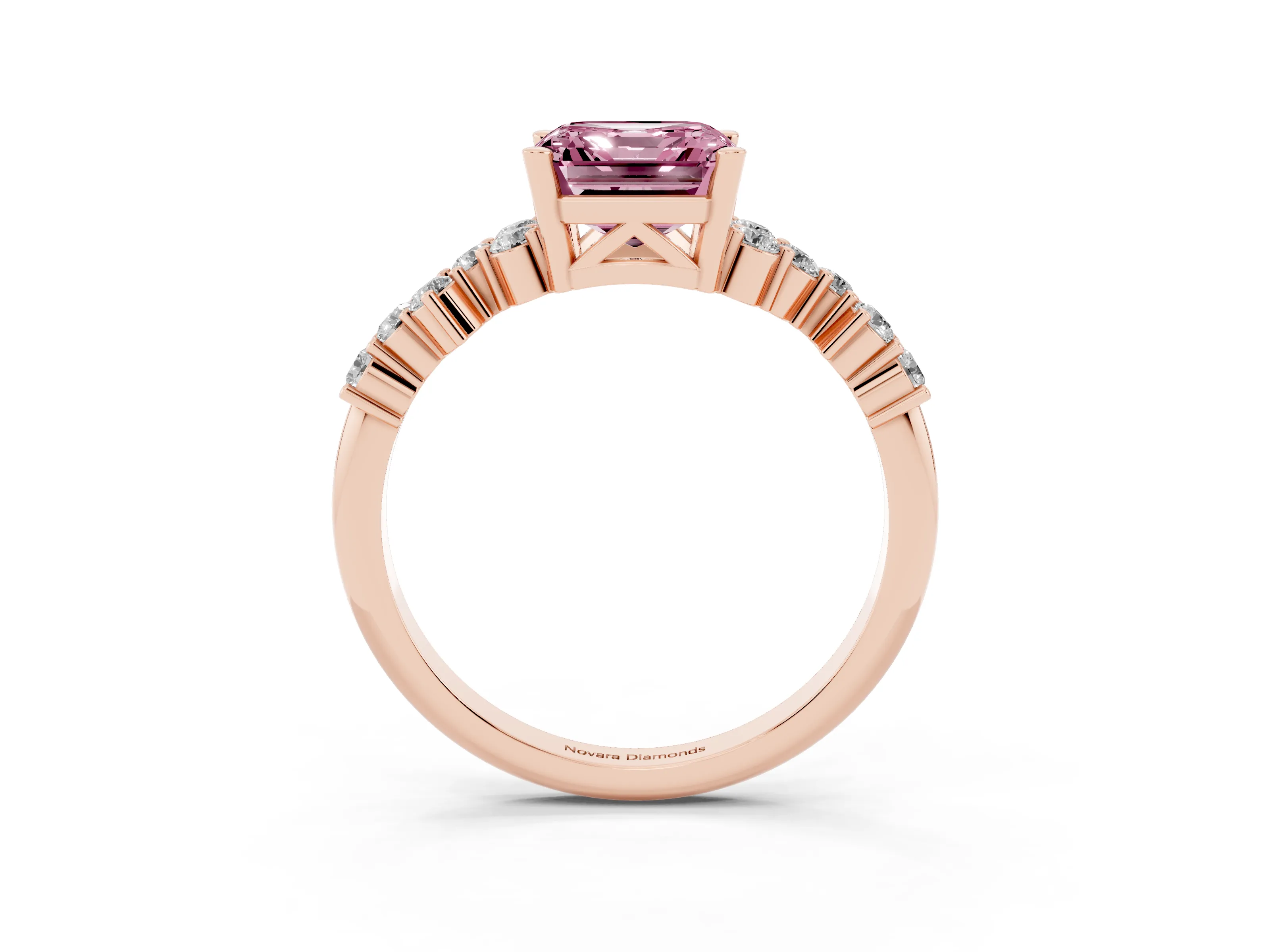 Fancy Pink Asscher Cut Diamond Ring Set in Rose gold with Scattered Round Accents