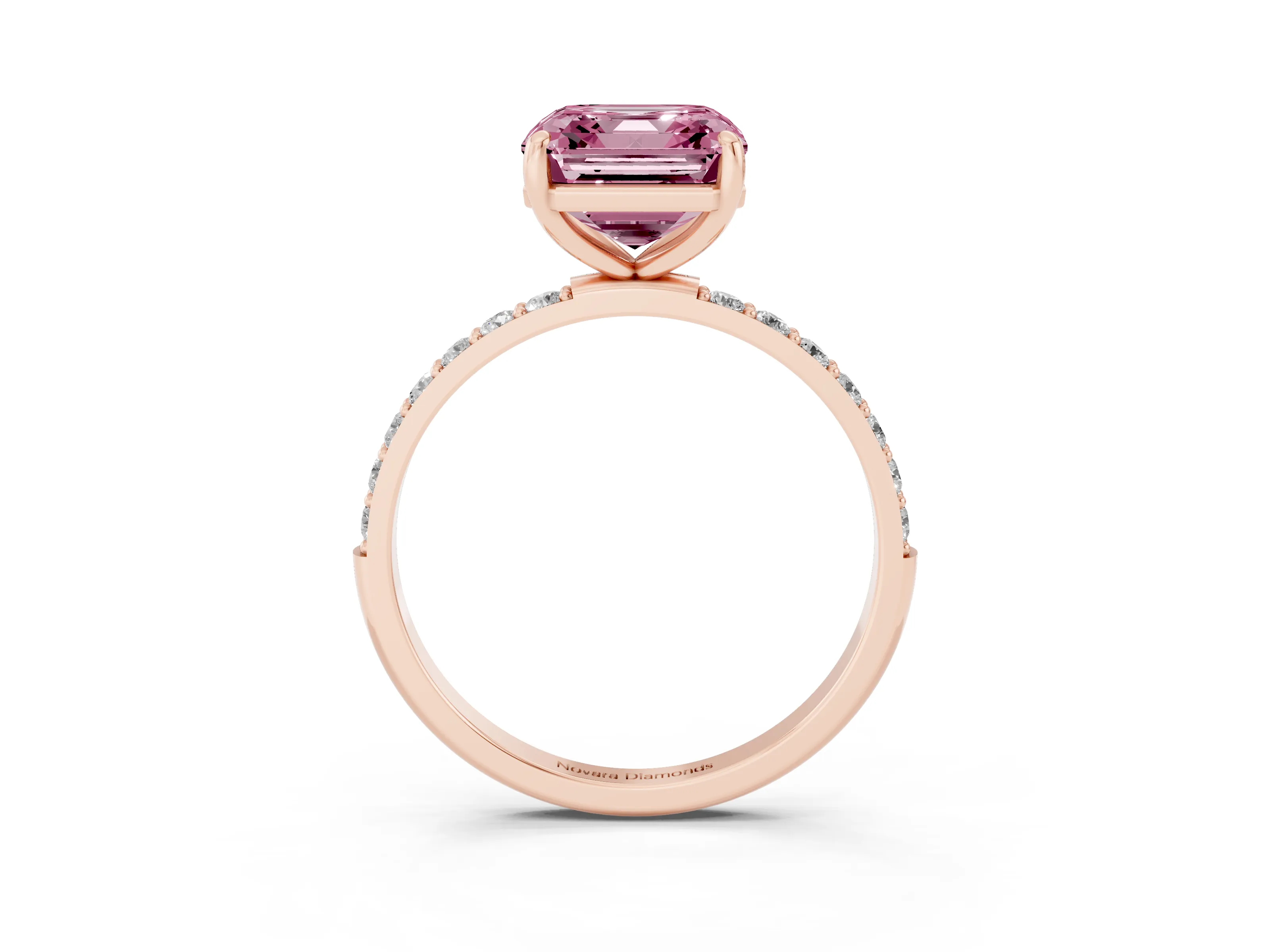 Fancy Pink Asscher Cut Diamond Solitaire Ring Set in Rose gold with Round Pavé Band and Prong Setting