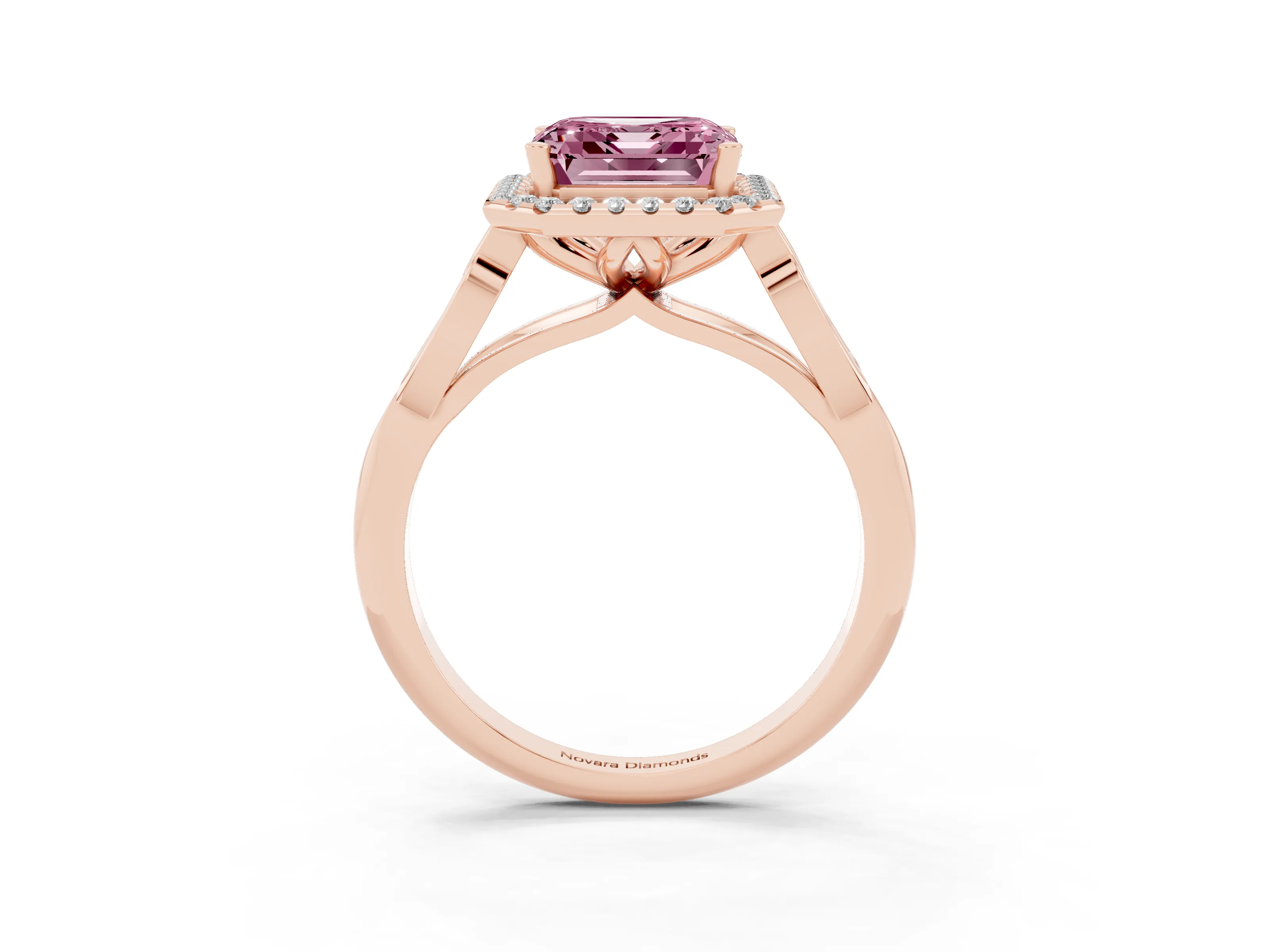Fancy Pink Asscher Cut Diamond Halo Engagement Ring Set in Rose gold with Filigree Band and Prong-Set Center