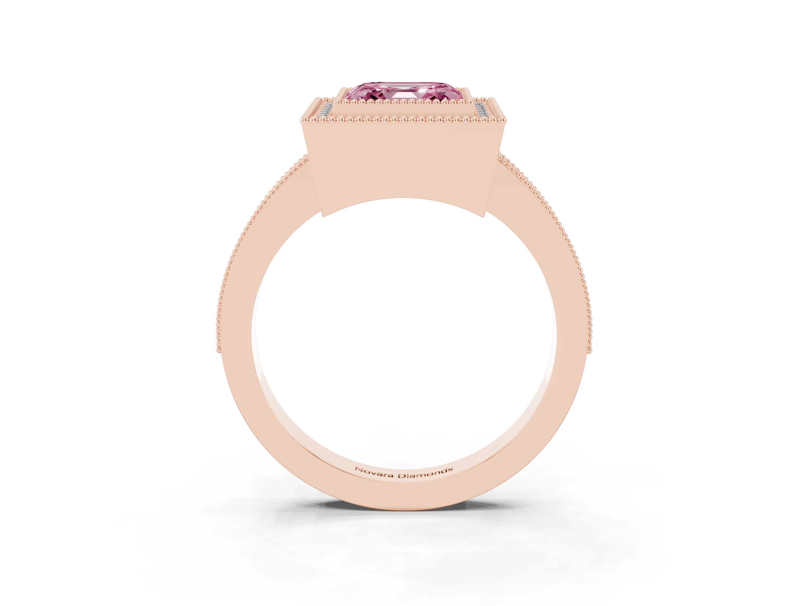 Fancy Pink Asscher Cut Diamond Halo Engagement Ring Set in Rose gold with Pavé Band and Round Halo Stones