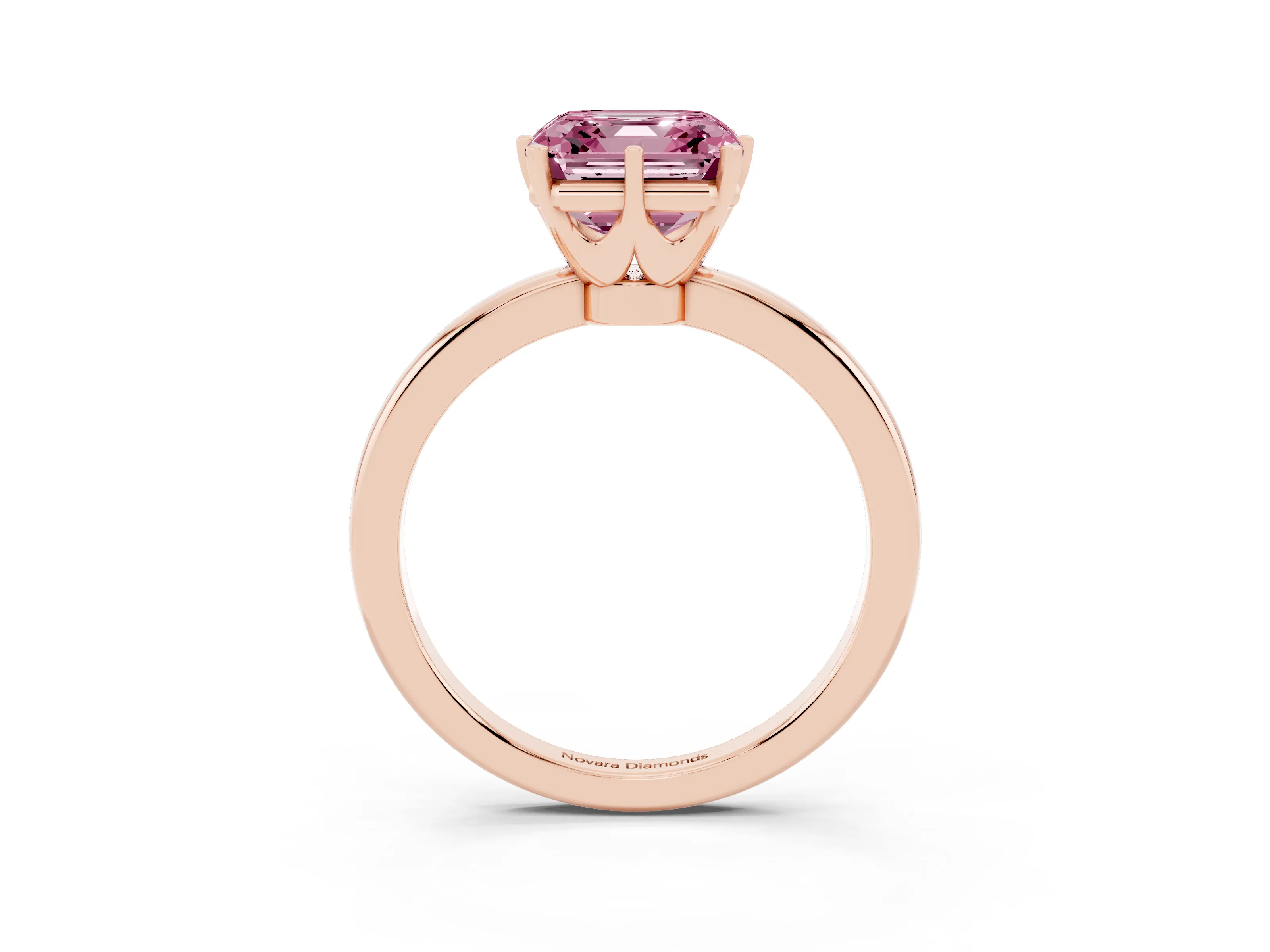 Fancy Pink Asscher Cut Diamond Solitaire Ring Set in Rose gold with Raised Prong Setting on a Classic Band