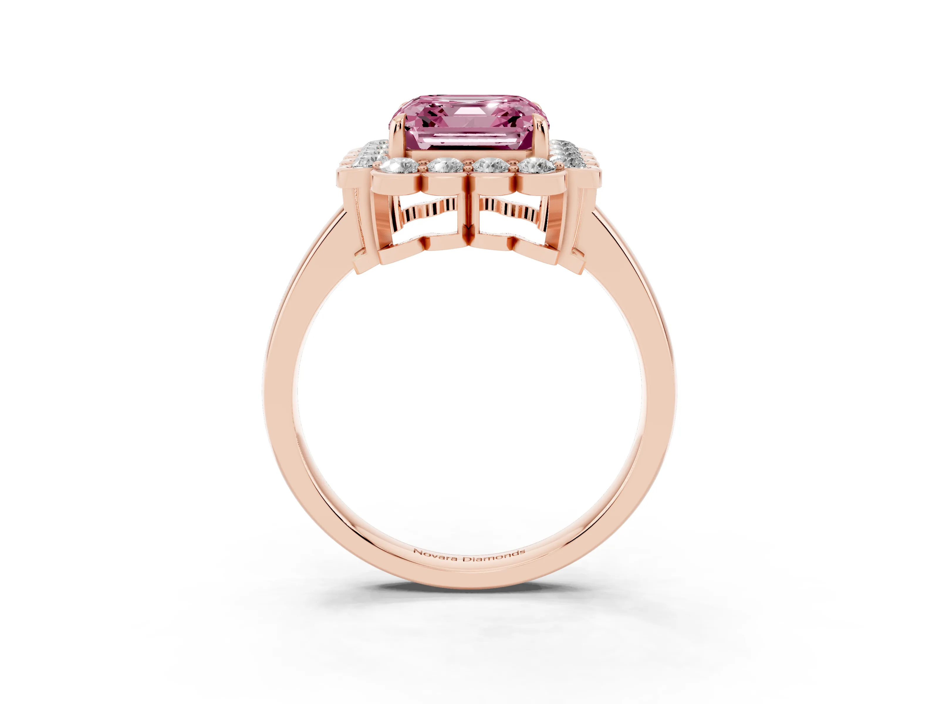 Fancy Pink Asscher Cut Diamond Halo Cluster Engagement Ring Set in Rose gold with Solitaire Band and Prong Setting