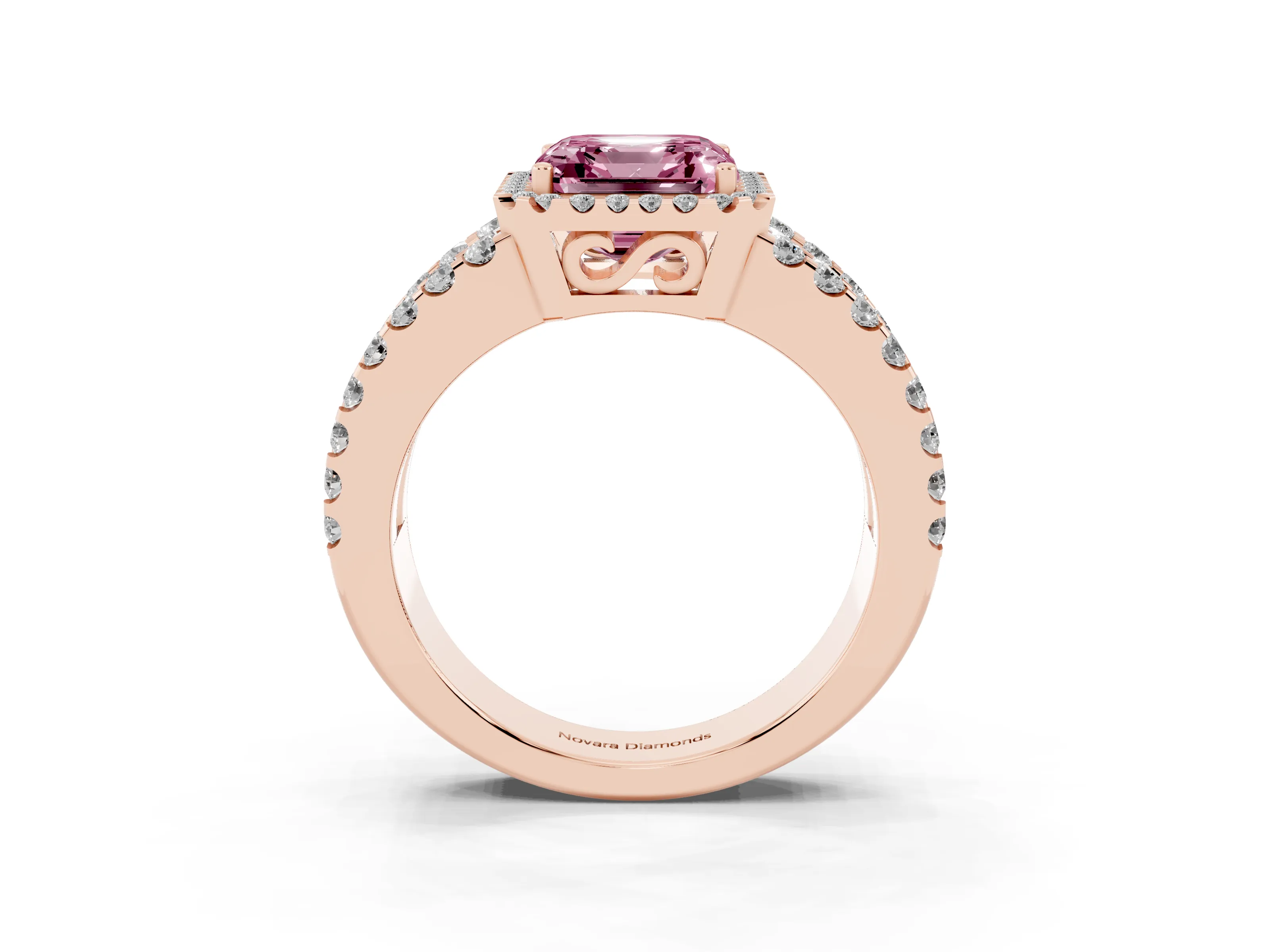 Fancy Pink Asscher Cut Diamond Halo Ring Set in Rose gold with Pavé Split Shank and Prong Setting