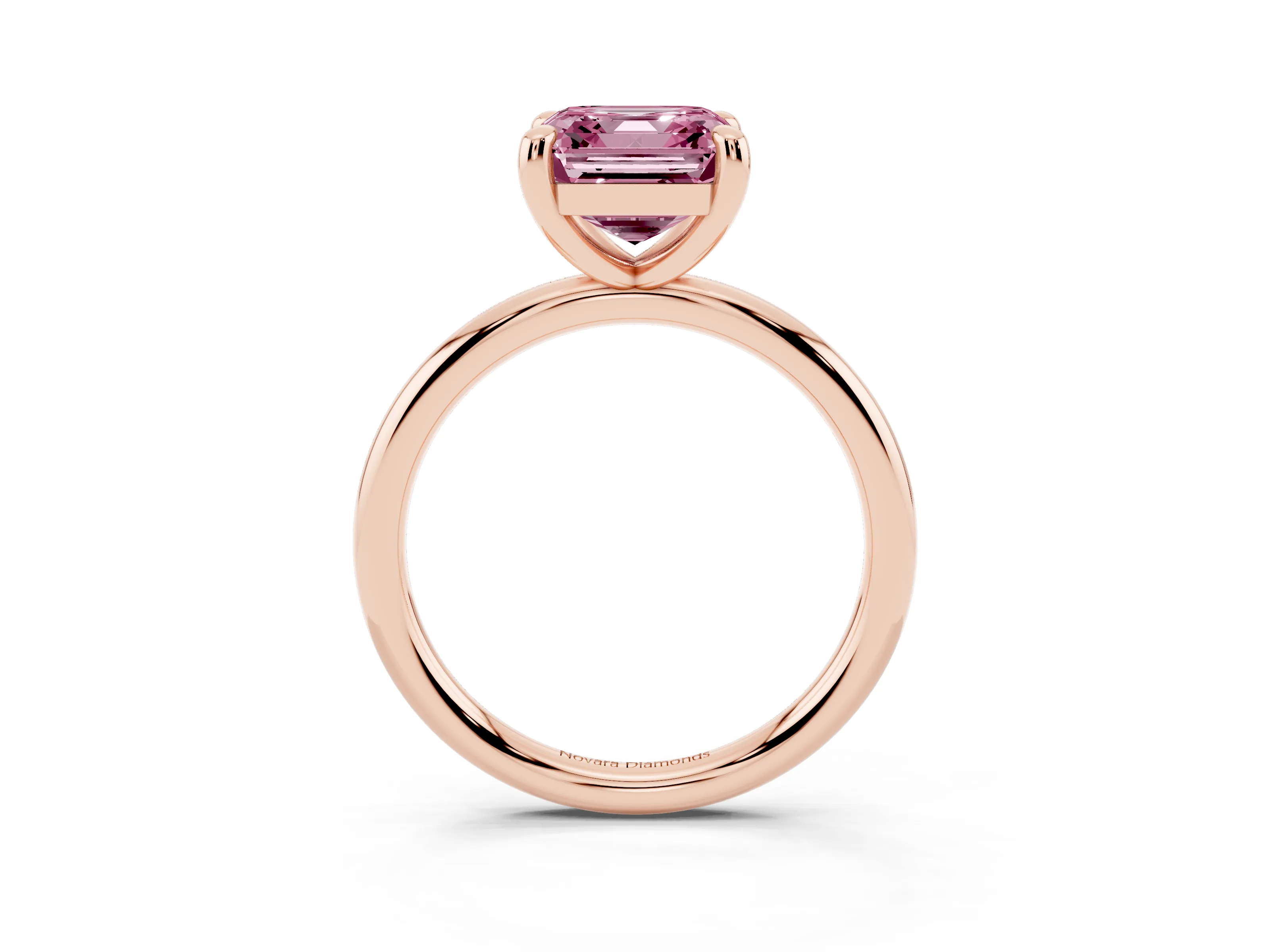 Fancy Pink Asscher Cut Diamond Solitaire Ring Set in Rose gold with Prong Setting on a Polished Plain Band