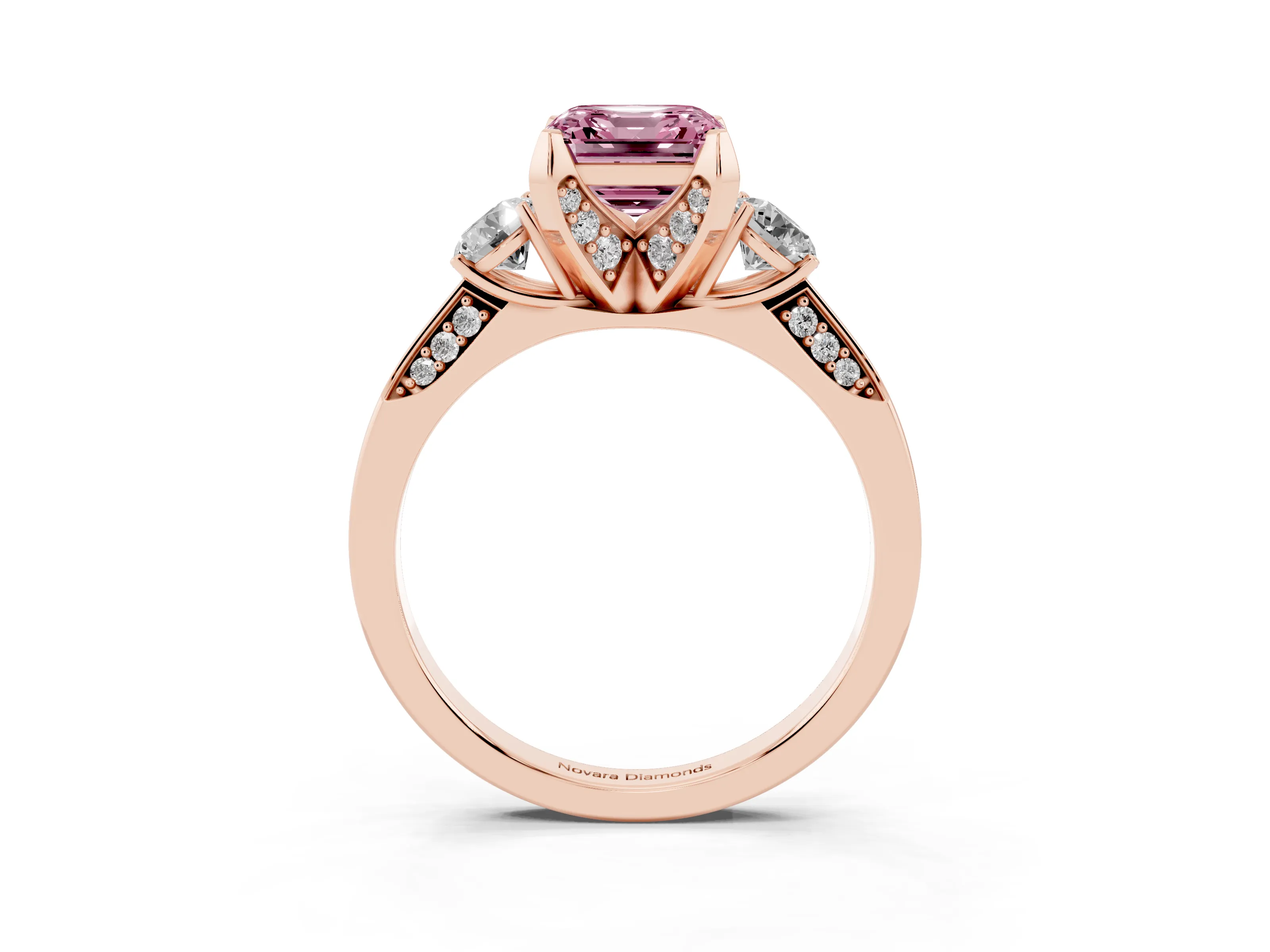 Fancy Pink Asscher Cut Diamond Three-Stone Ring Set in Rose gold with Pavé Band and Smaller Side Stones
