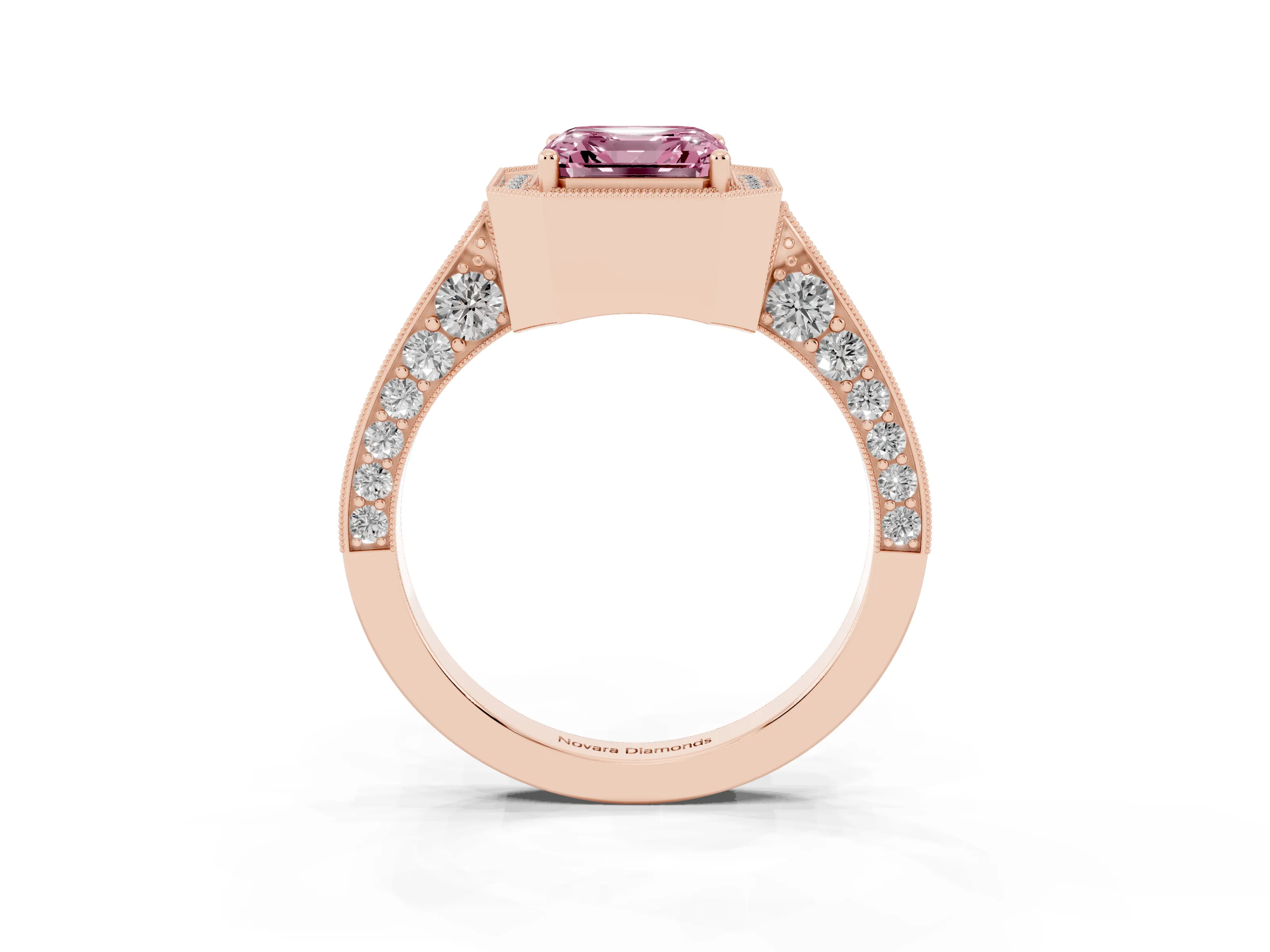Fancy Pink Asscher Cut Diamond Halo Engagement Ring Set in Rose gold with Accent Split Shank Band