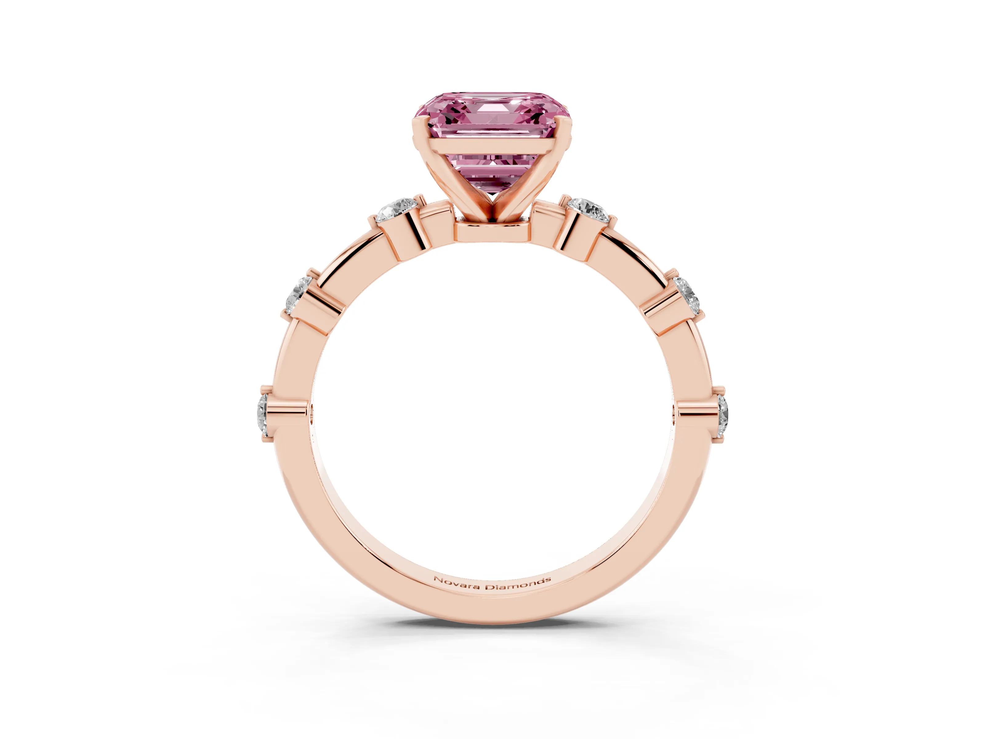 Fancy Pink Asscher Cut Diamond Solitaire Ring Set in Rose gold with Bezel Set Side Stones and Prong Setting