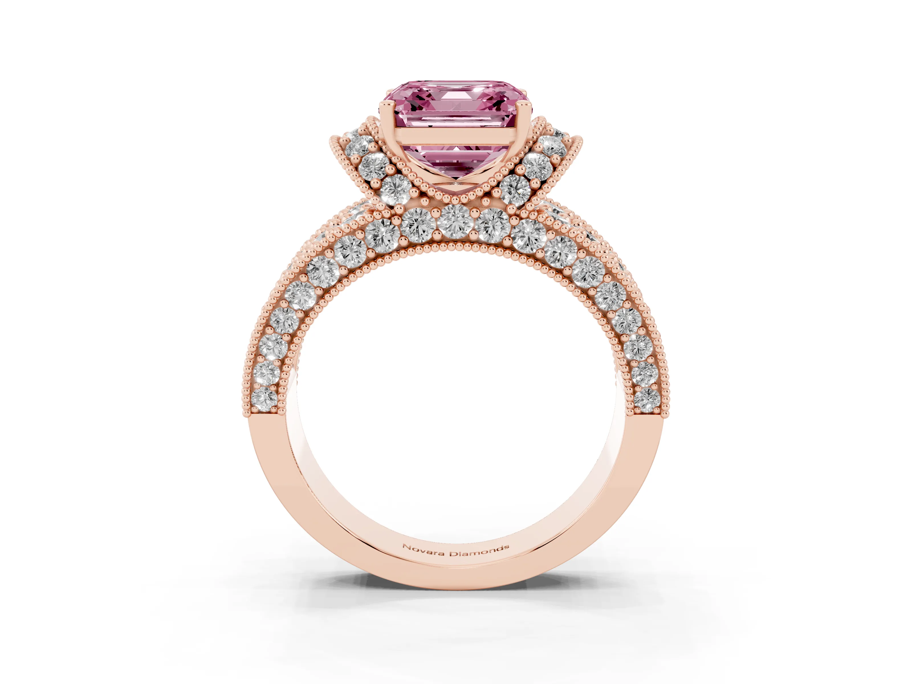 Fancy Pink Asscher Cut Diamond Milgrain Halo Pavé Engagement Ring Set in Rose gold with Prong Setting