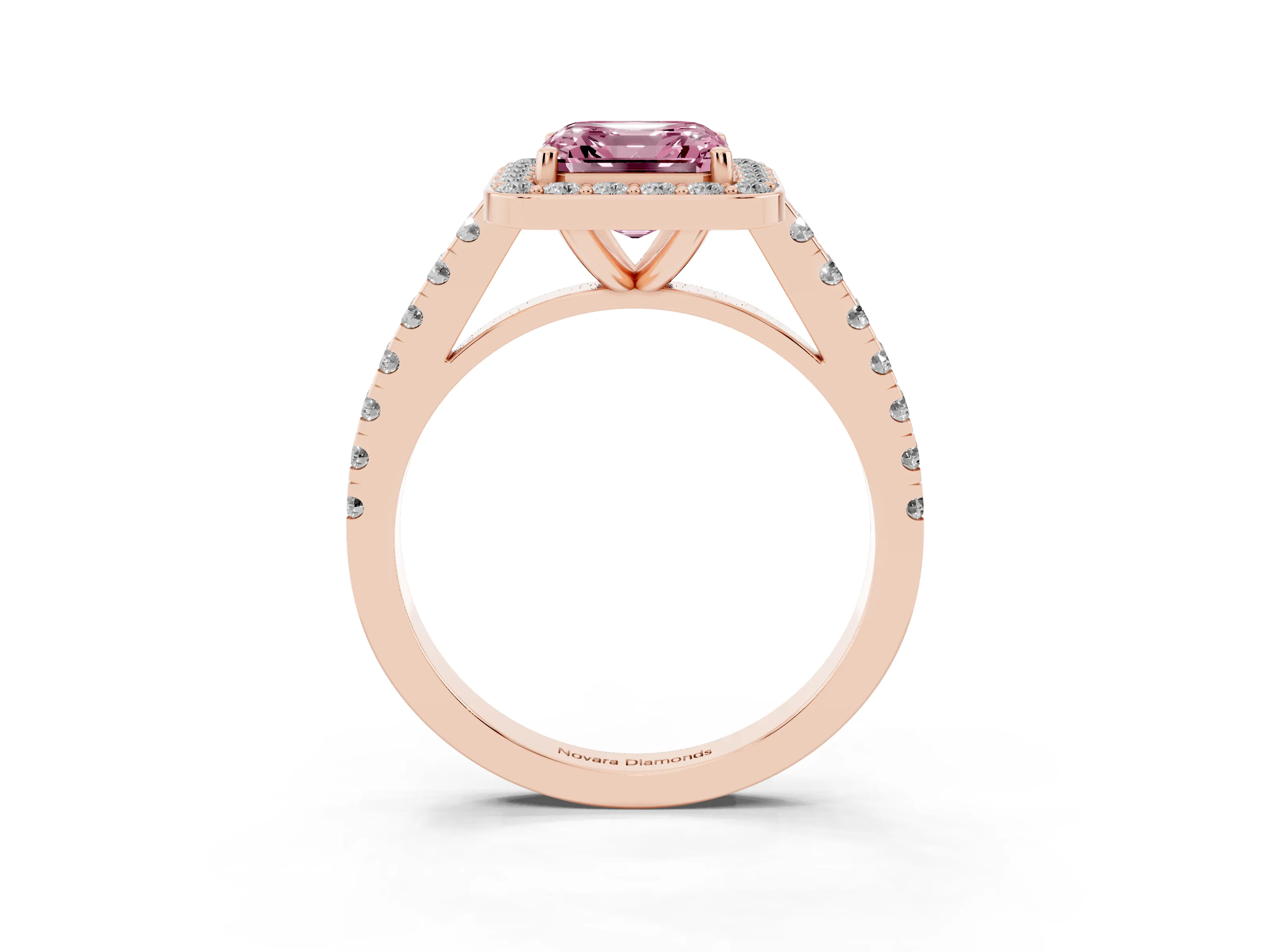 Fancy Pink Asscher Cut Diamond Halo Ring Set in Rose gold with Round Pavé Split Shank and Prong Setting