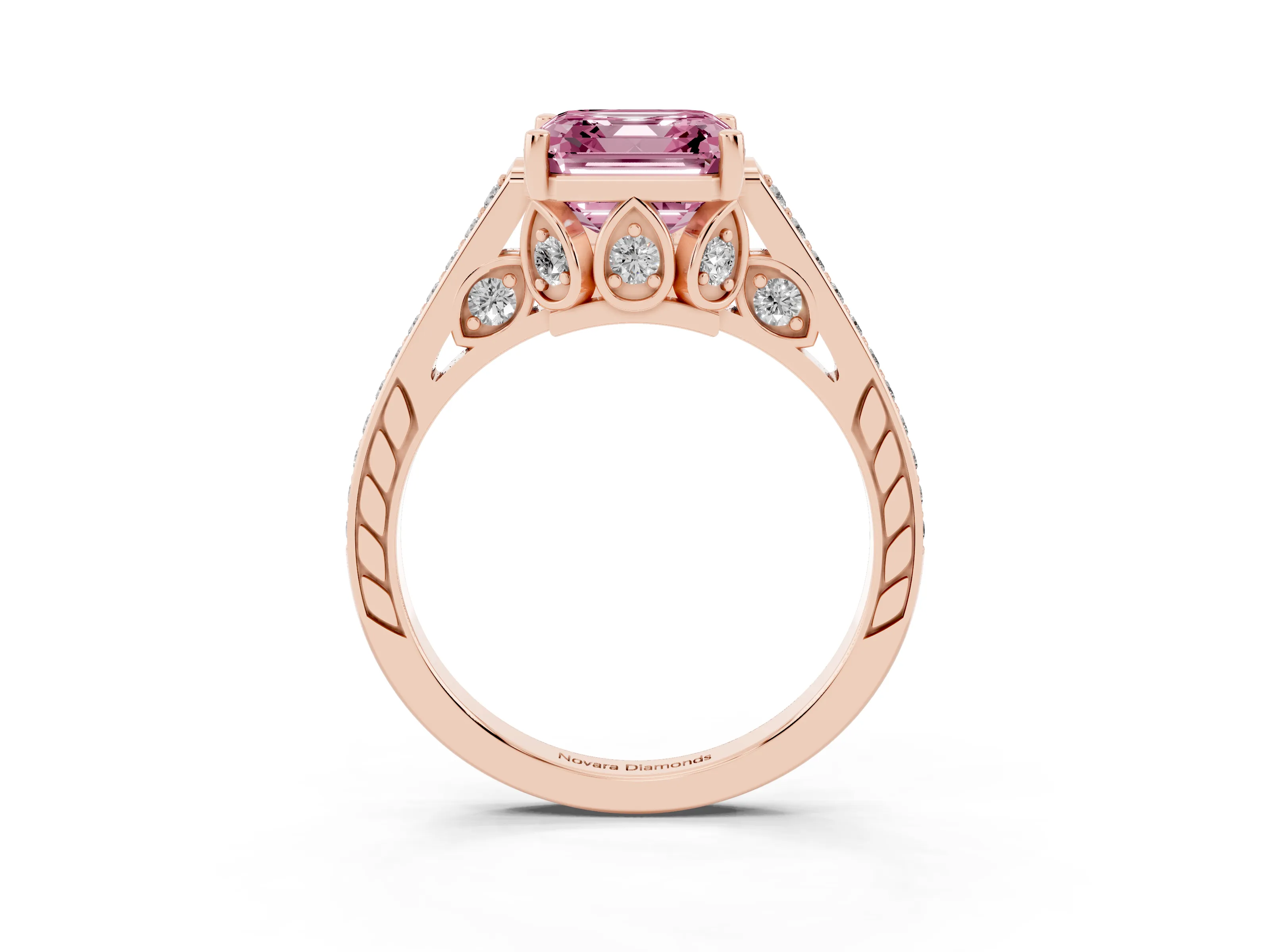 Fancy Pink Asscher Cut Diamond Cathedral Pavé Engagement Ring Set in Rose gold with Prong Setting