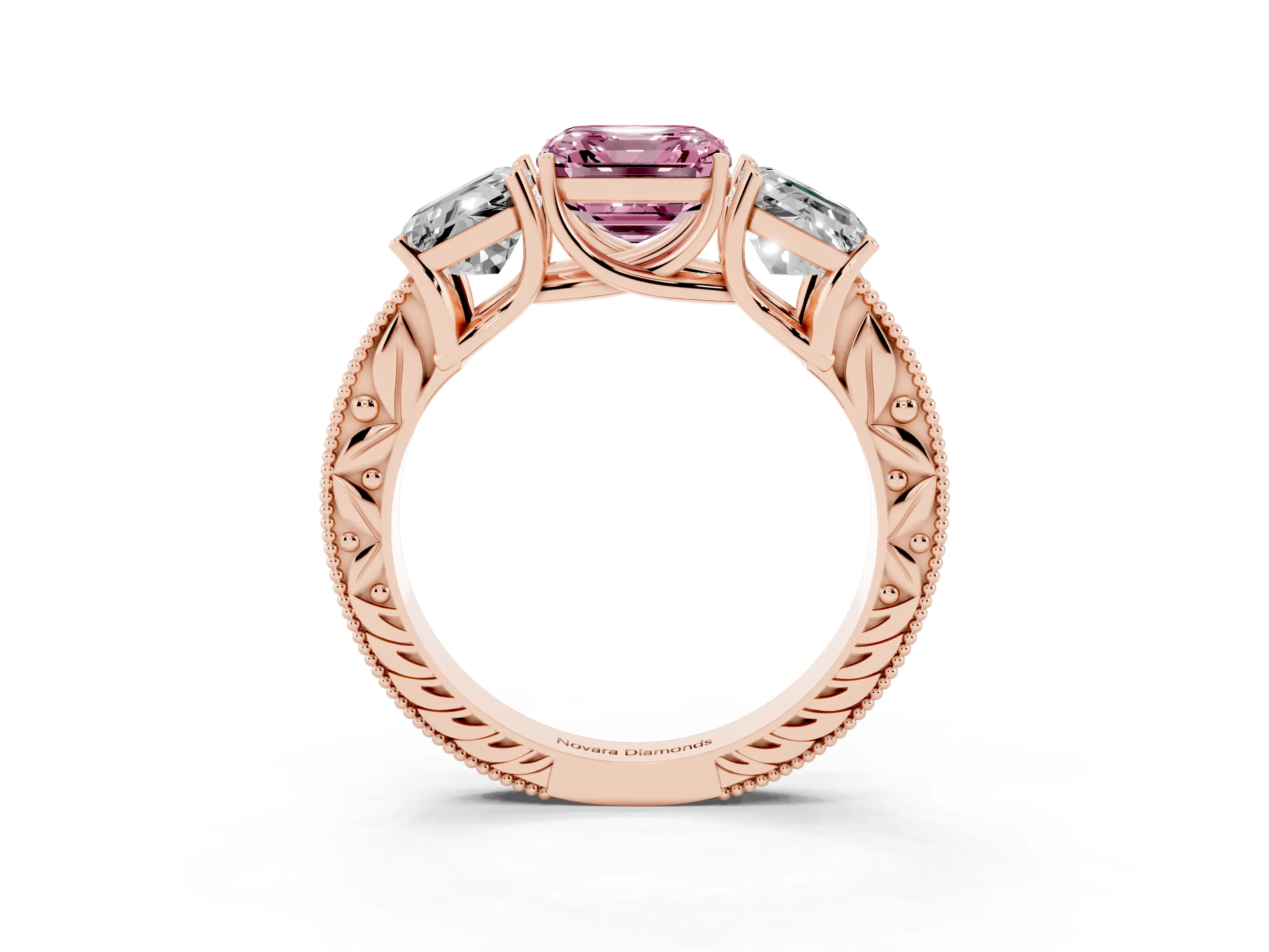 Fancy Pink Asscher Cut Diamond Three-Stone Engagement Ring Set in Rose gold with Milgrain Pavé Band