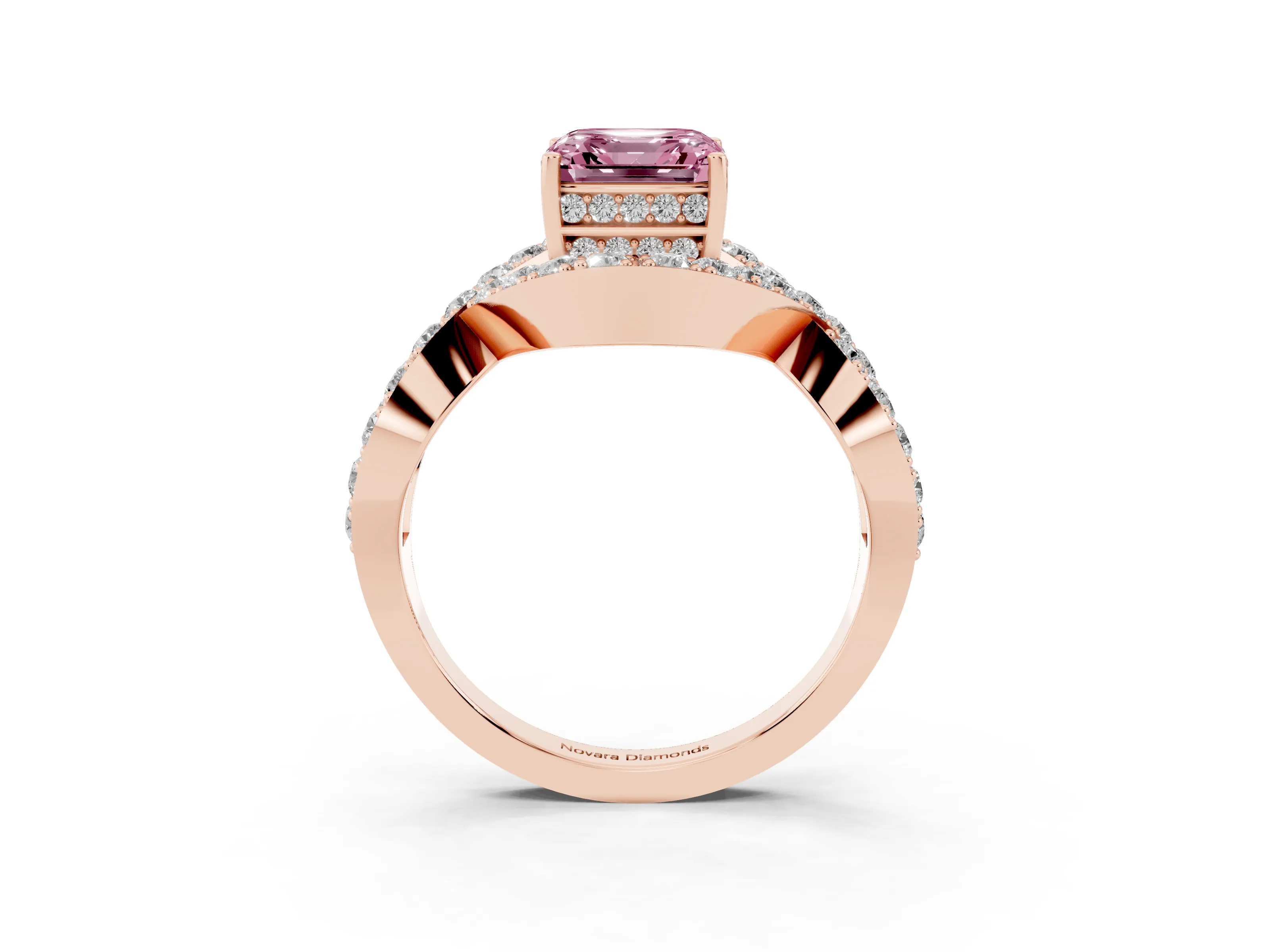 Fancy Pink Asscher Cut Diamond Solitaire Twist Band Pavé Engagement Ring Set in Rose gold