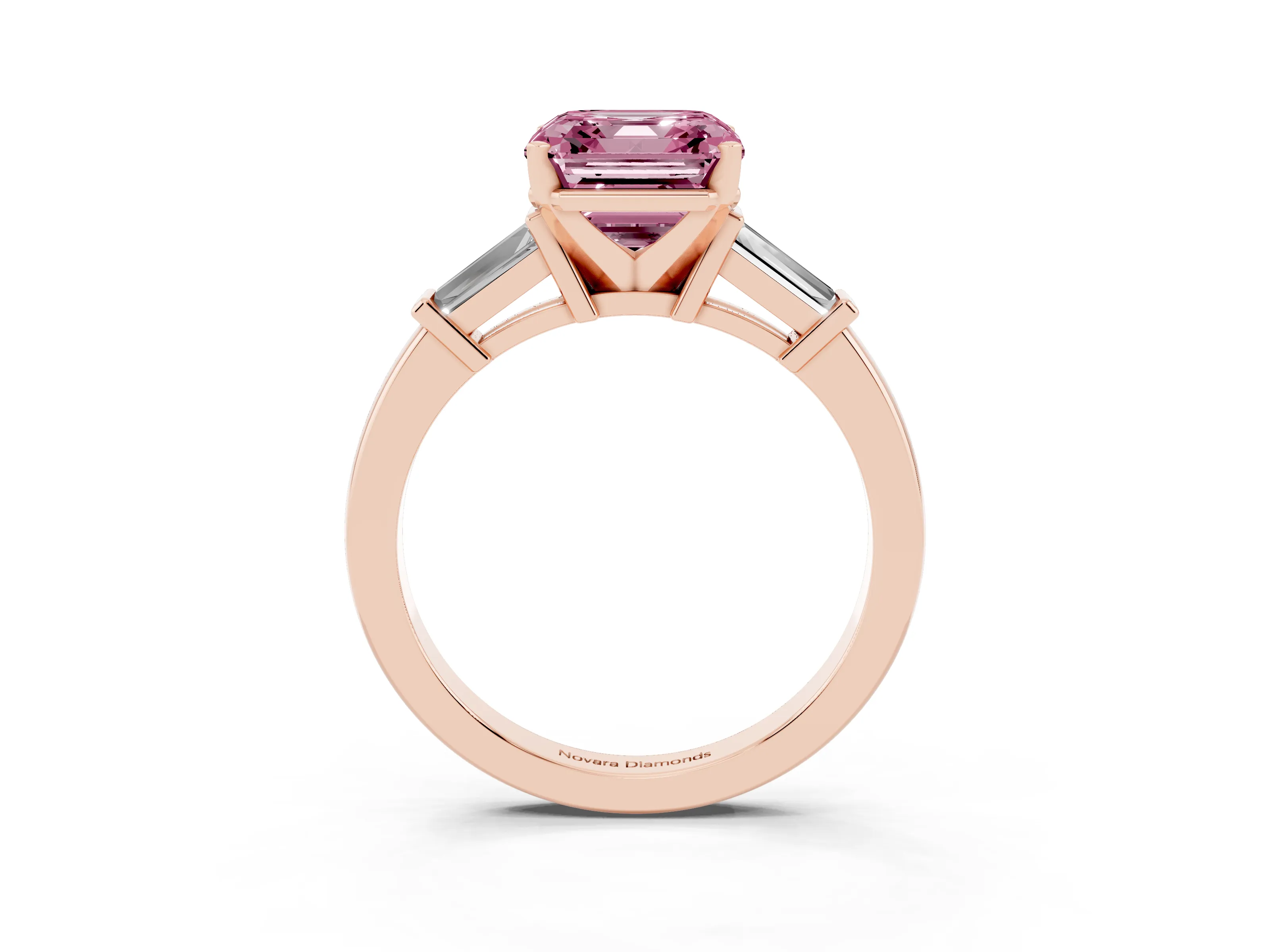 Fancy Pink Asscher Cut Diamond Solitaire Ring Set in Rose gold with Tapered Baguette Accents and Prong Setting