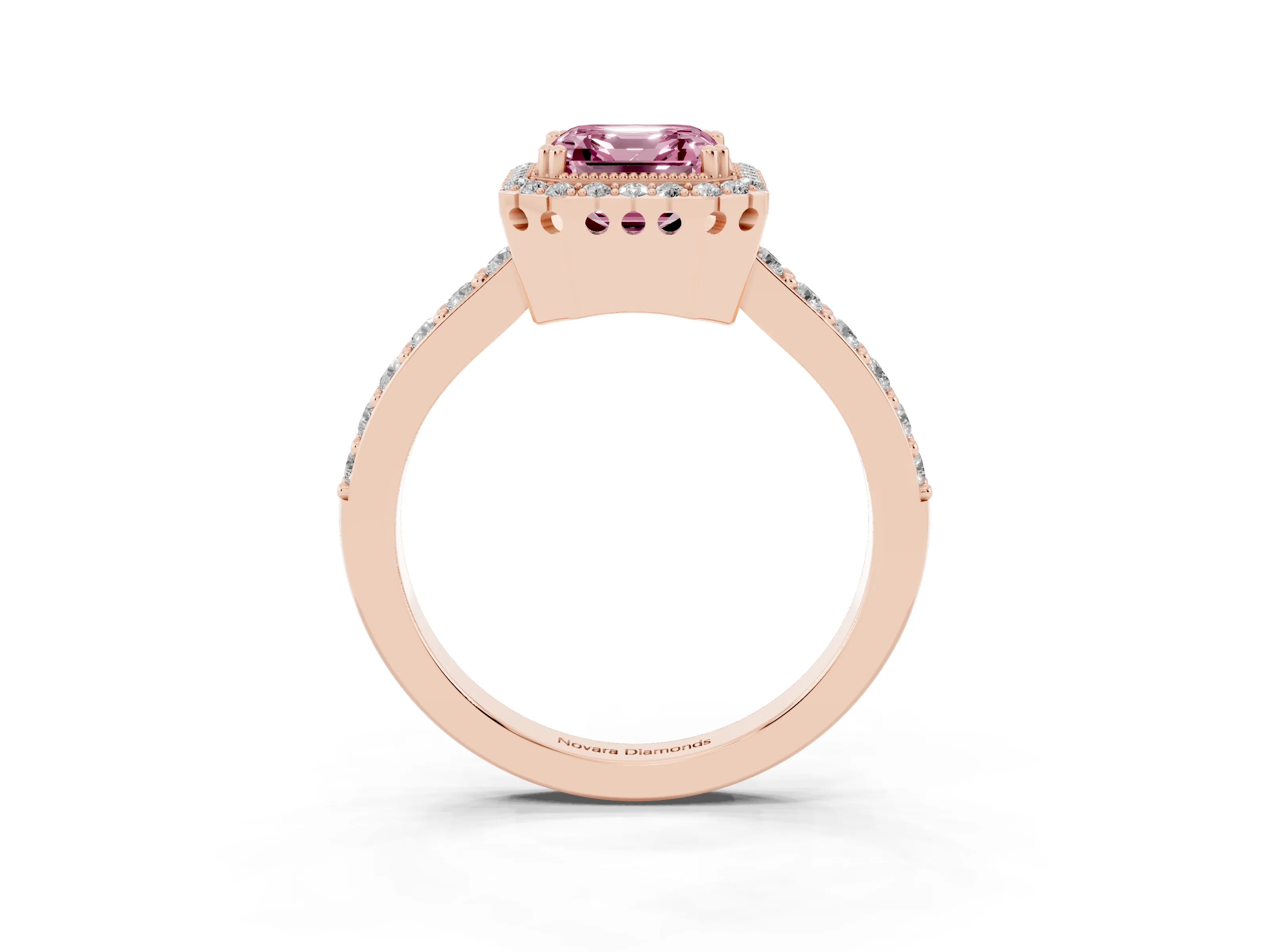 Fancy Pink Asscher Cut Diamond Halo Engagement Ring Set in Rose gold with Milgrain Detail and Pavé Band