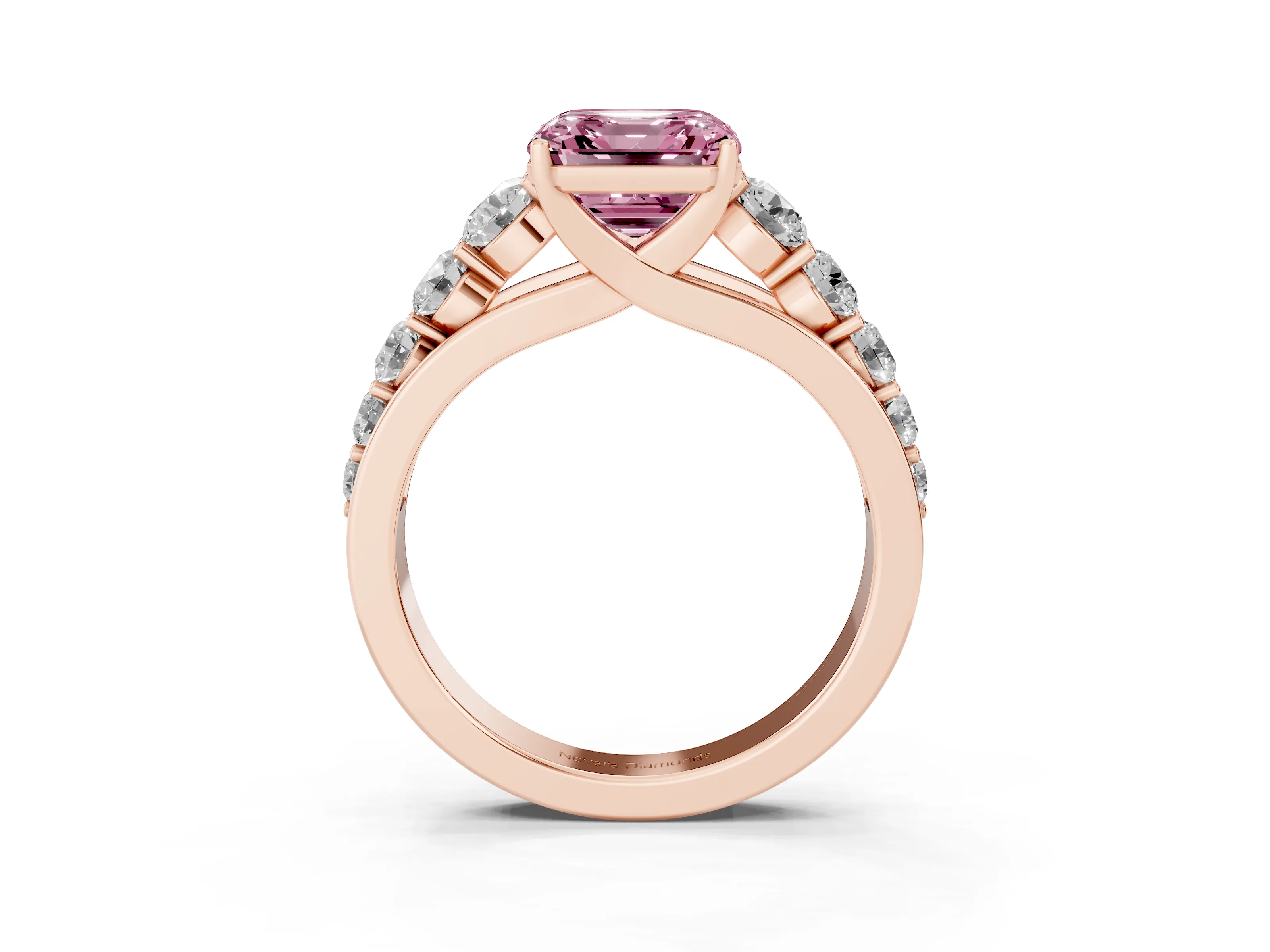 Fancy Pink Asscher Cut Diamond Solitaire Ring Set in Rose gold with Pavé-Set Band and Prong Setting