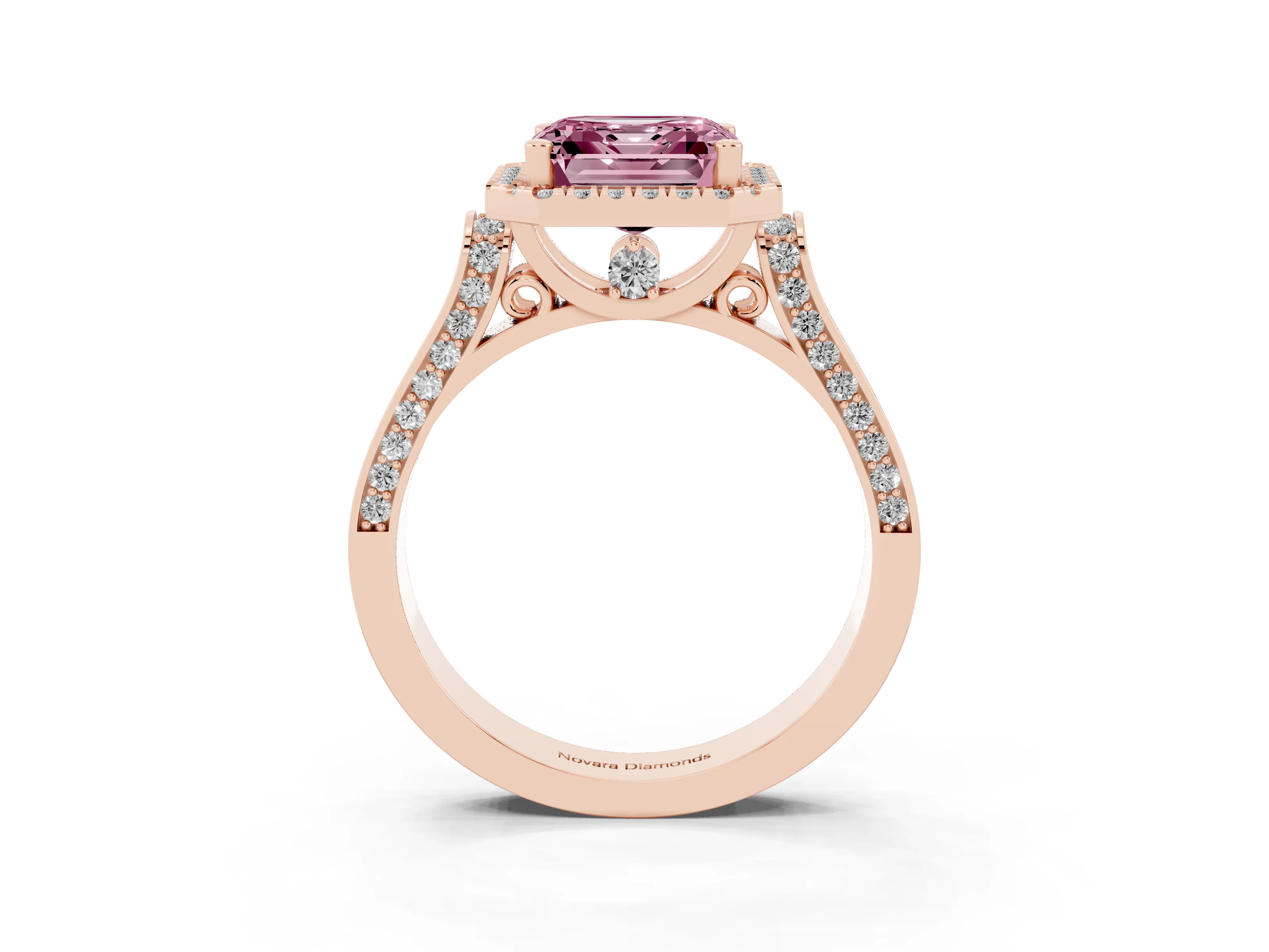 Fancy Pink Asscher Cut Diamond Halo Ring Set in Rose gold with Pavé-Lined Split Shank Band