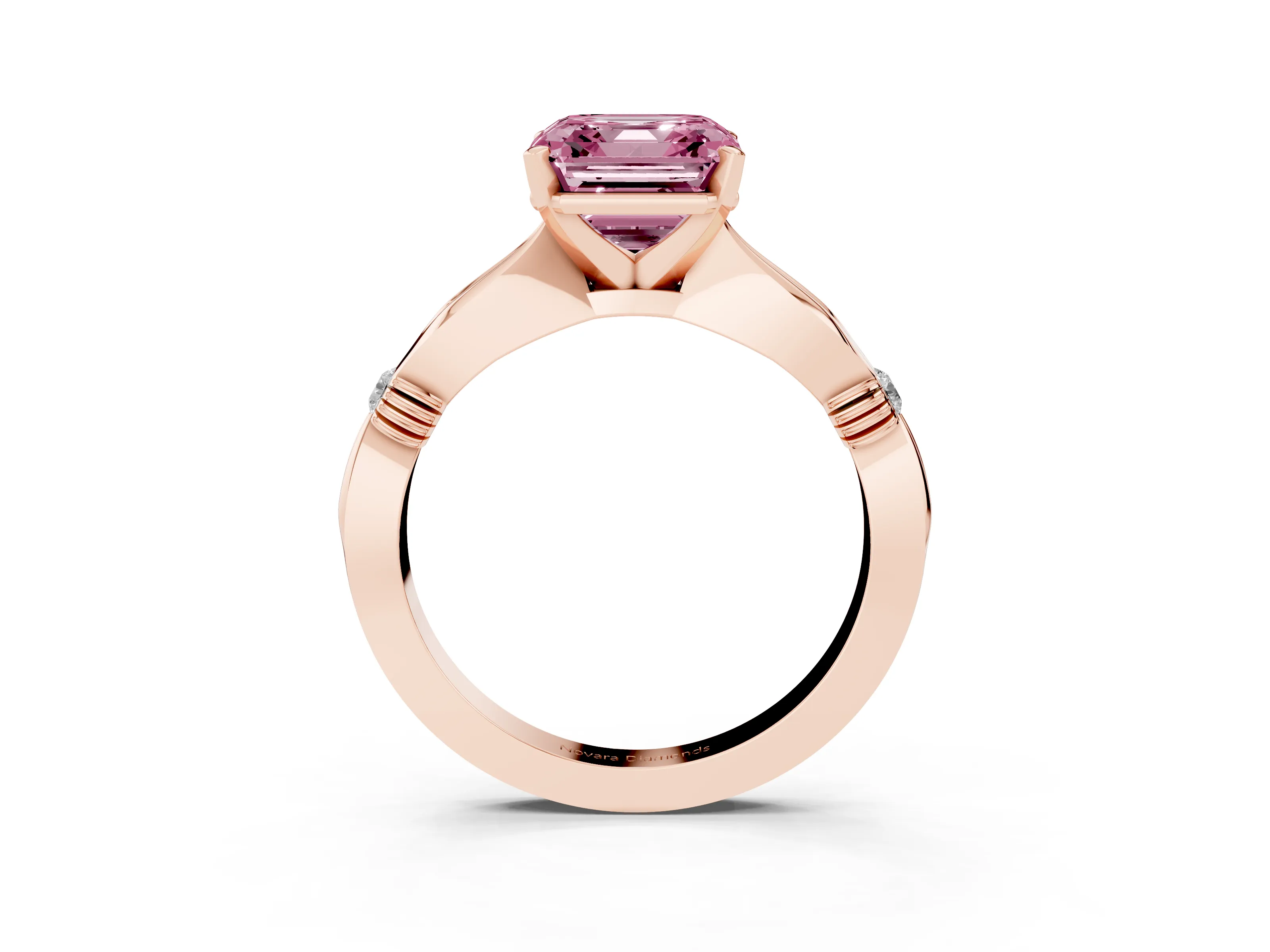 Fancy Pink Asscher Cut Diamond Solitaire Twisted Band Ring Set in Rose gold with Accent Stones and Prong Setting