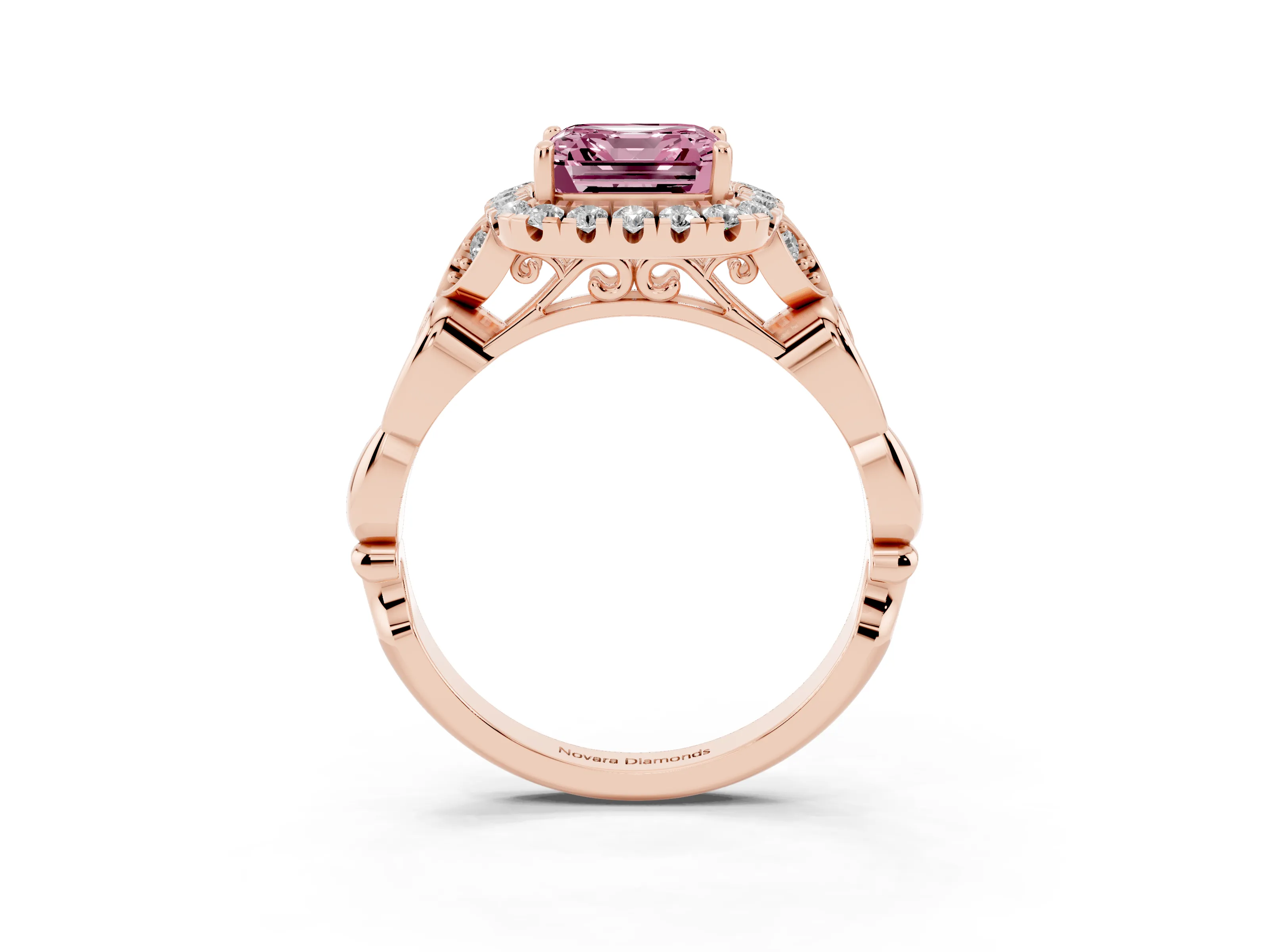 Fancy Pink Asscher Cut Diamond Halo Engagement Ring Set in Rose gold with Vintage-Inspired Band and Prong Setting