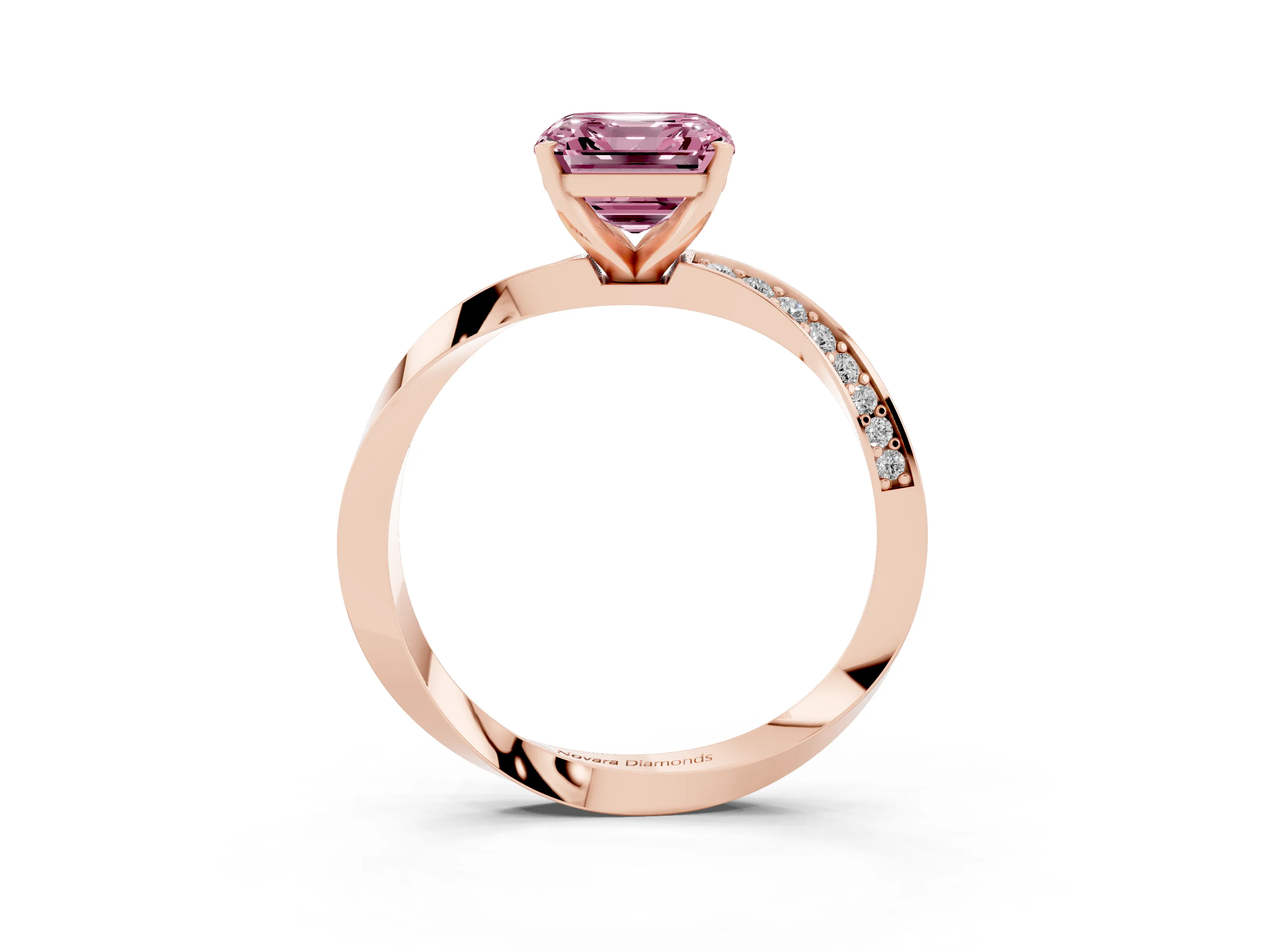 Fancy Pink Asscher Cut Diamond Engagement Ring Set in Rose gold with Side Stone Accents and Prong Setting