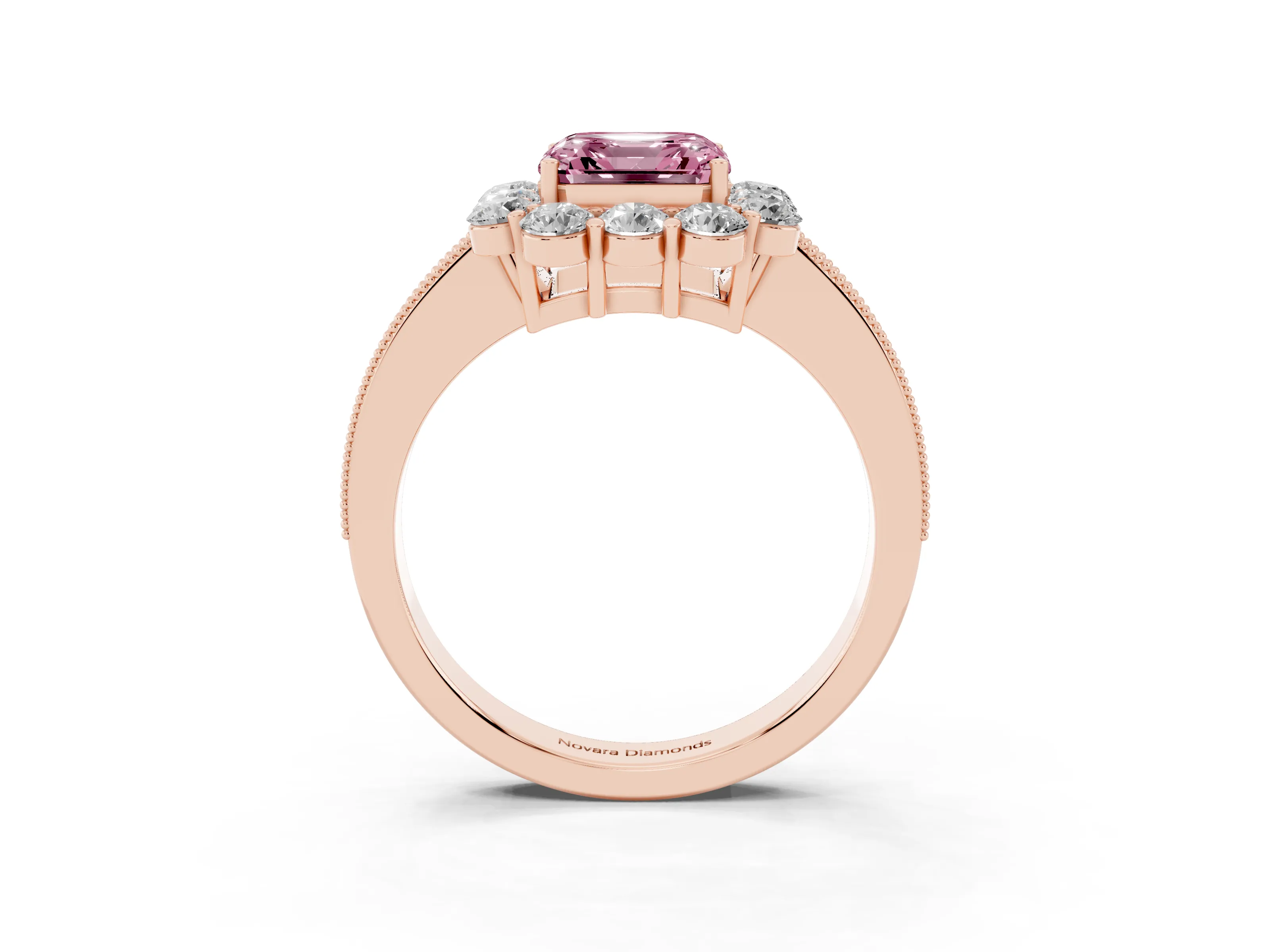 Fancy Pink Asscher Cut Diamond Halo Pavé Engagement Ring Set in Rose gold with Milgrain Detailing