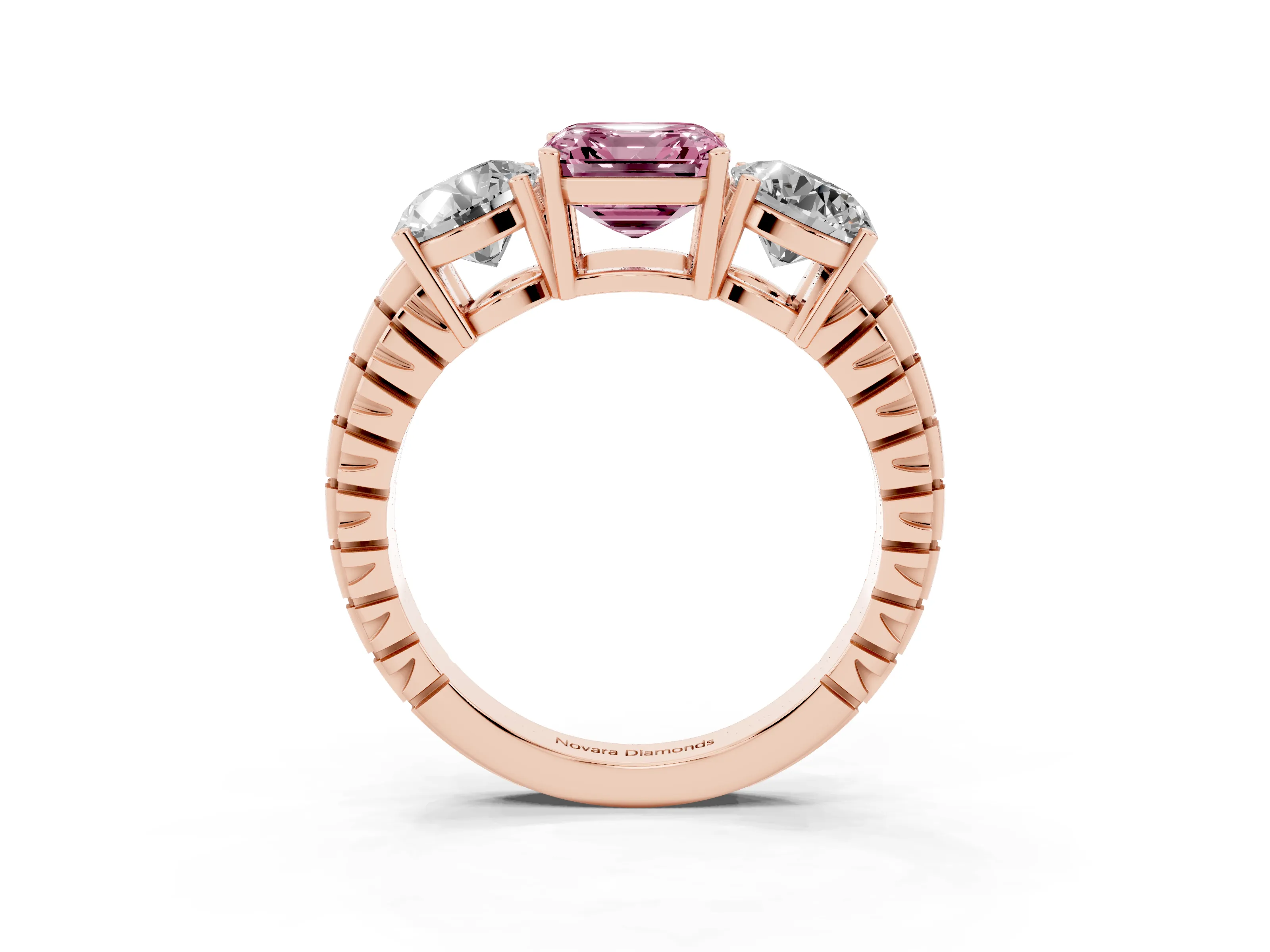 Fancy Pink Asscher Cut Diamond Three-Stone Ring Set in Rose gold with Channel-Set Accent Band
