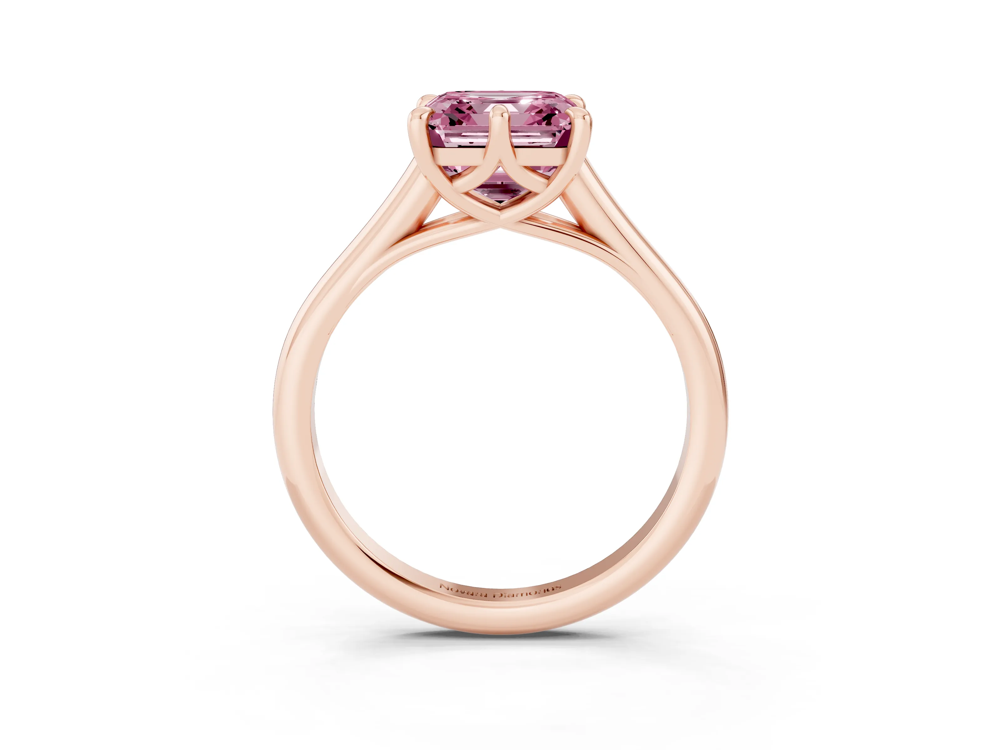 Fancy Pink Asscher Cut Diamond Solitaire Engagement Ring Set in Rose gold with Prong Setting and Plain Classic Band