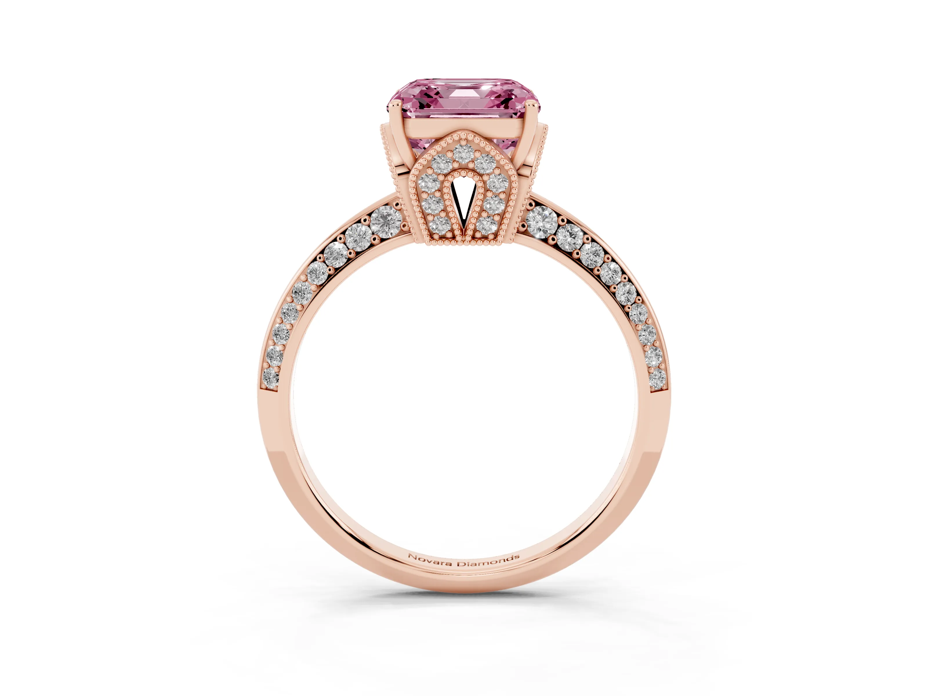 Fancy Pink Asscher Cut Diamond Solitaire Engagement Ring Set in Rose gold with Pavé Split Shank and Prong Setting