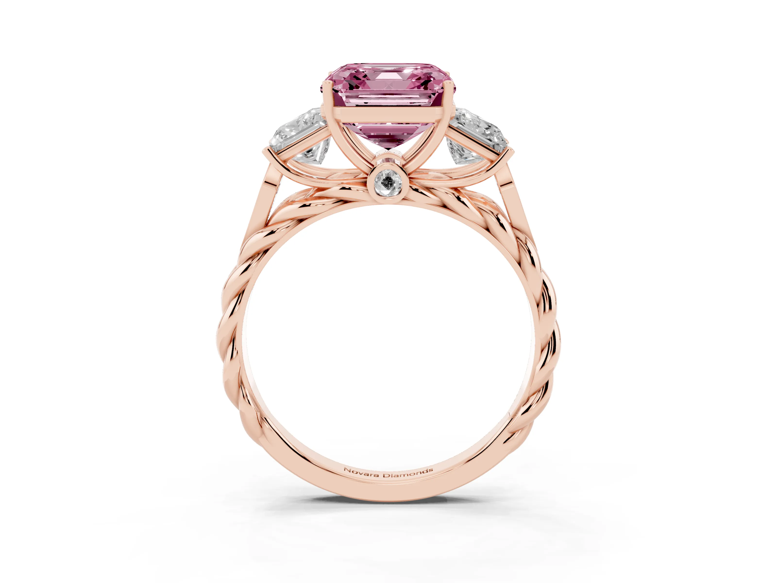 Fancy Pink Asscher Cut Diamond Three-Stone Ring Set in Rose gold with Braided Band