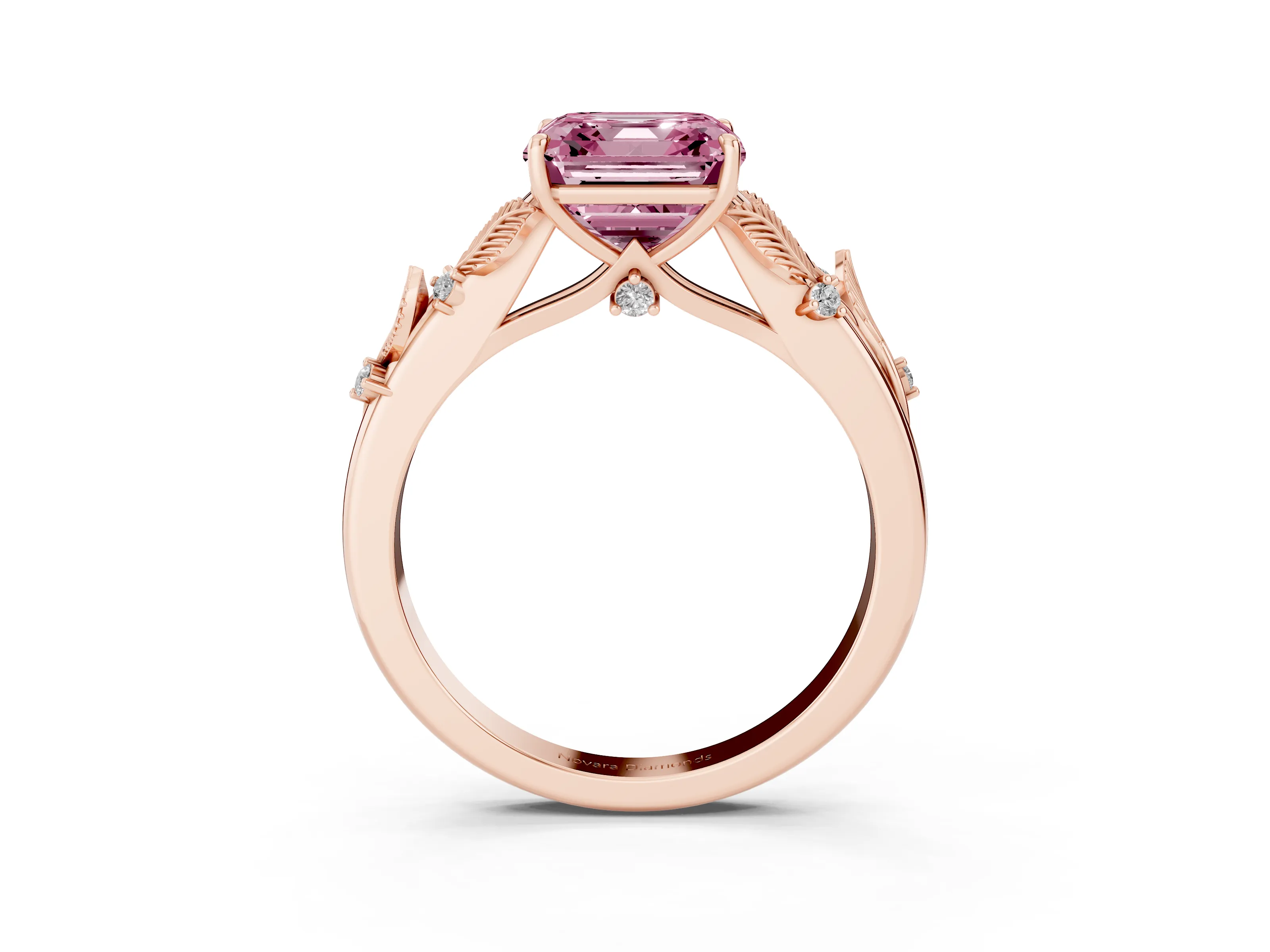 Fancy Pink Asscher Cut Diamond Solitaire Ring Set in Rose gold with Leaf Motif Band