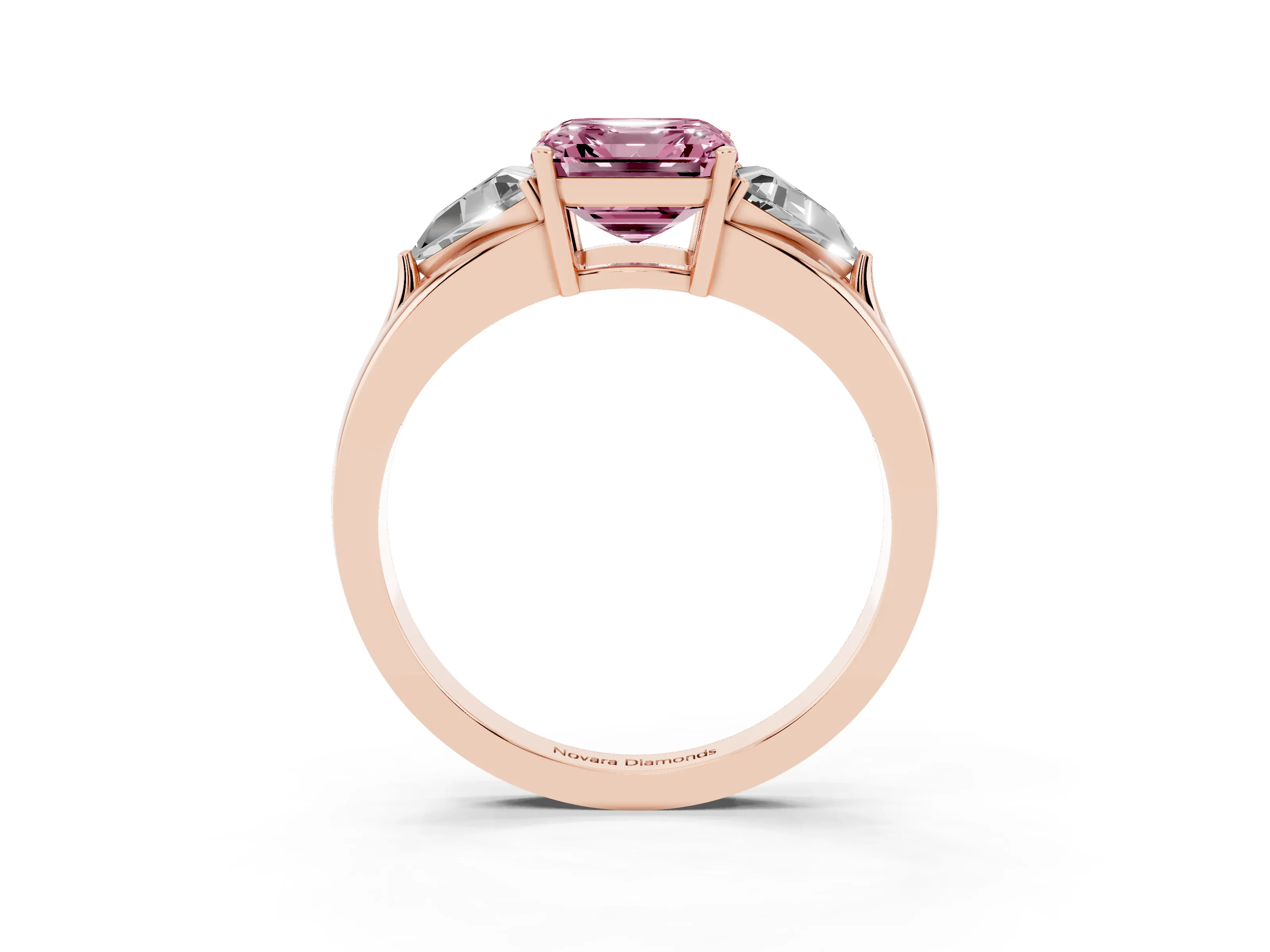 Fancy Pink Asscher Cut Diamond Three-Stone Ring Set in Rose gold with Trillion Side Stones and Split Shank