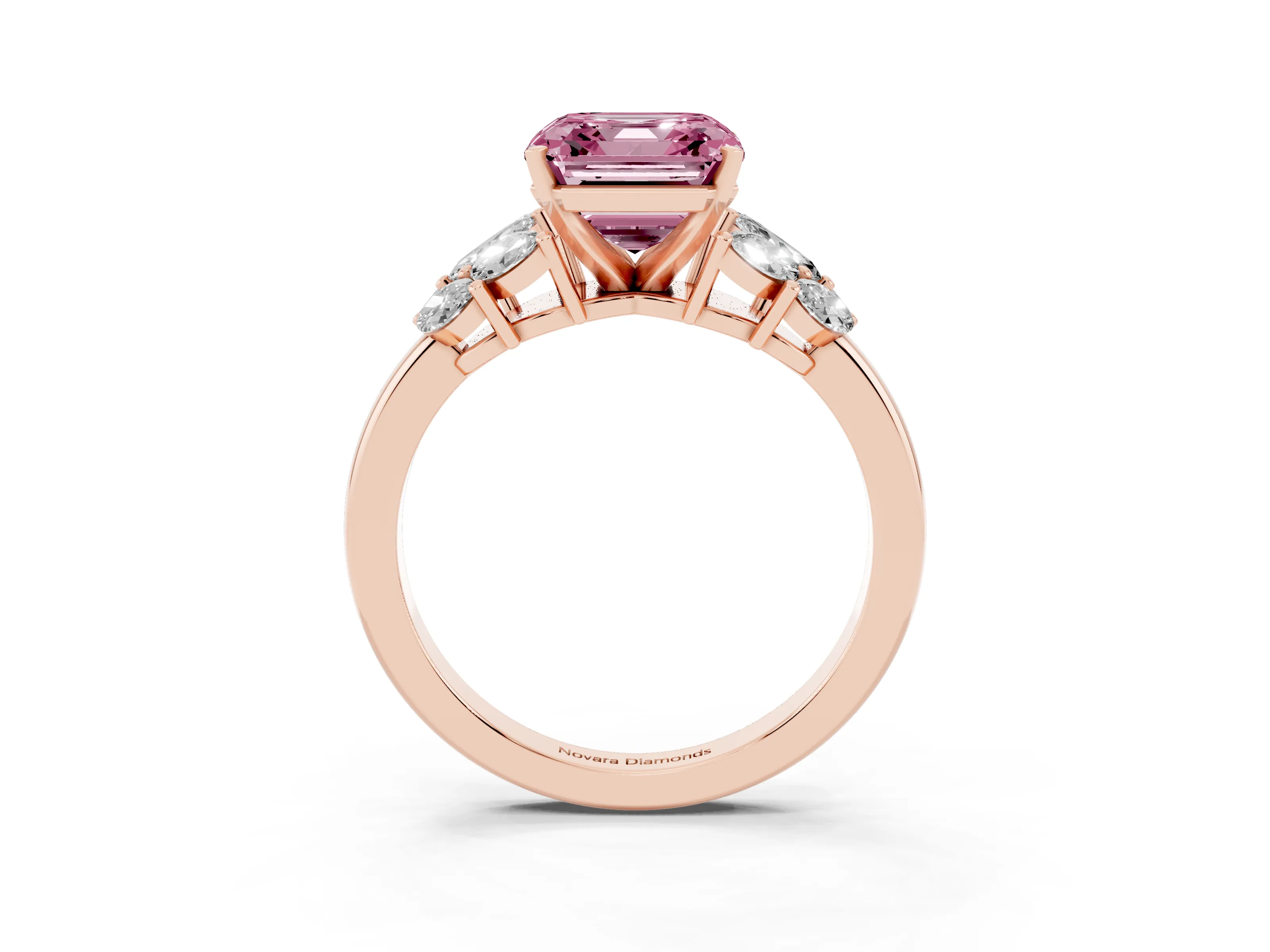 Fancy Pink Asscher Cut Diamond Cluster Leaf Design Ring Set in Rose gold with Prong Setting