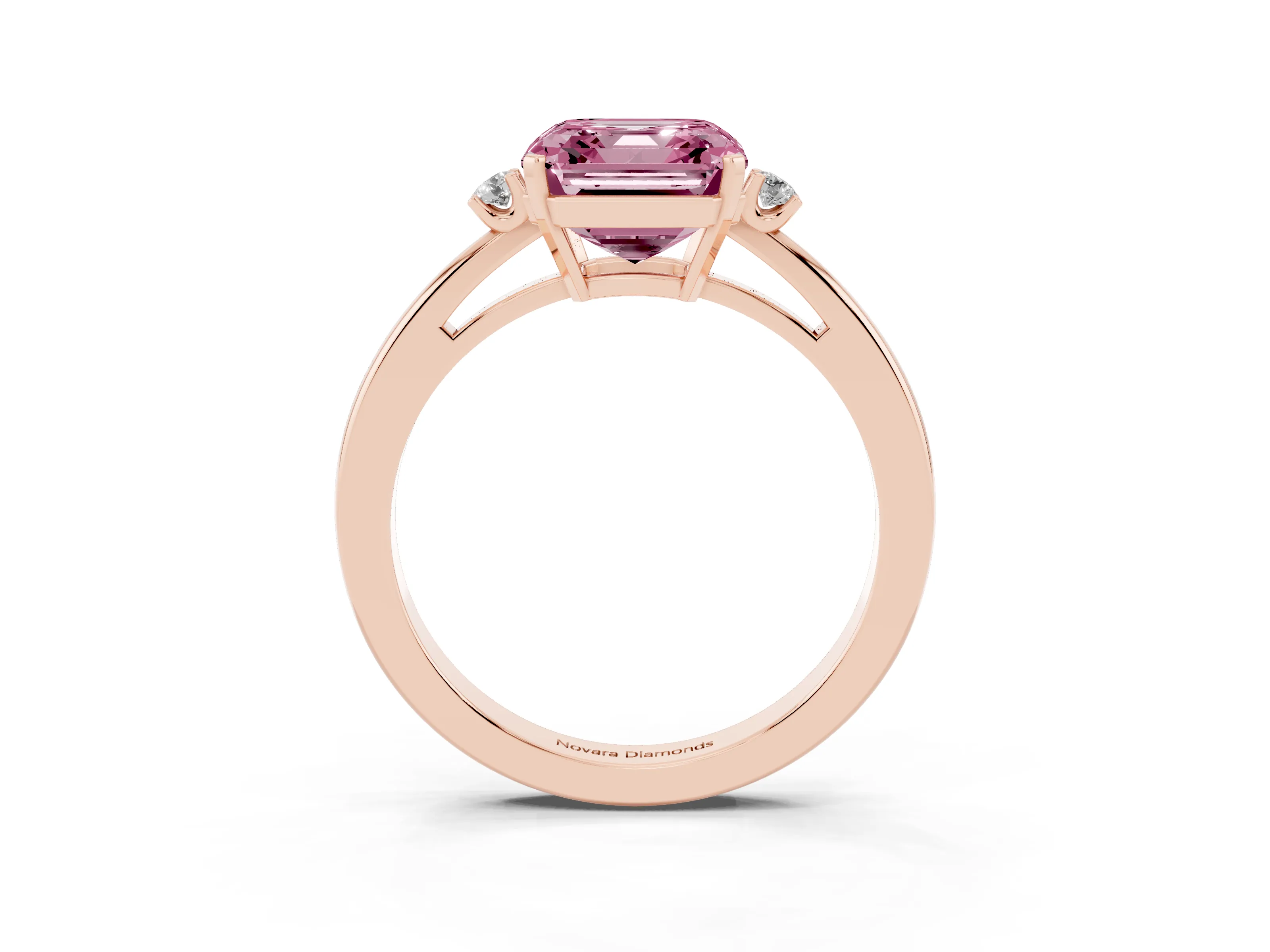 Fancy Pink Three-Stone Asscher Cut Diamond Solitaire Ring Set in Rose gold with Round Accent Stones and Prong Setting