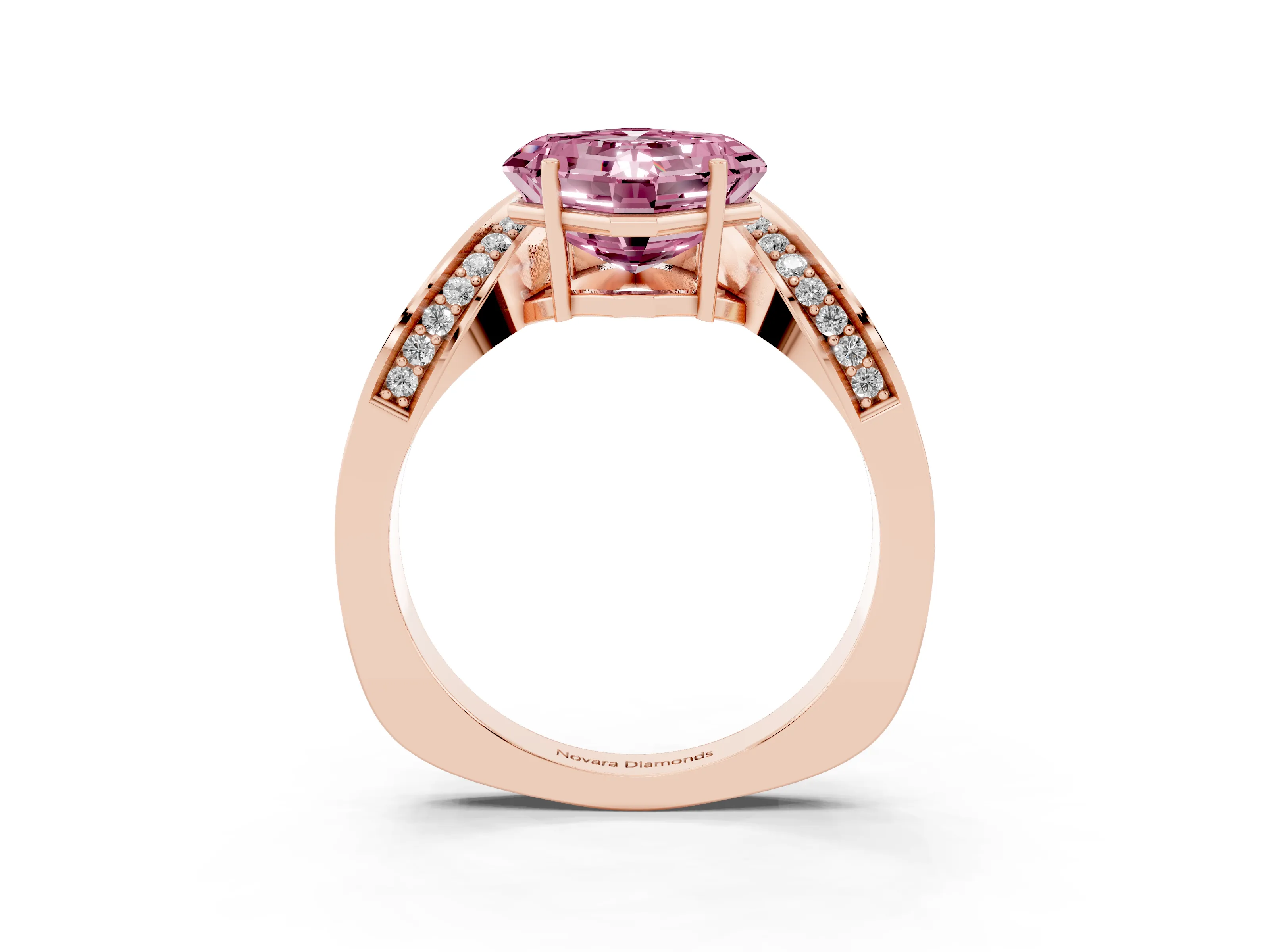 Fancy Pink Asscher Cut Diamond Solitaire Engagement Ring Set in Rose gold with Pavé Shoulders