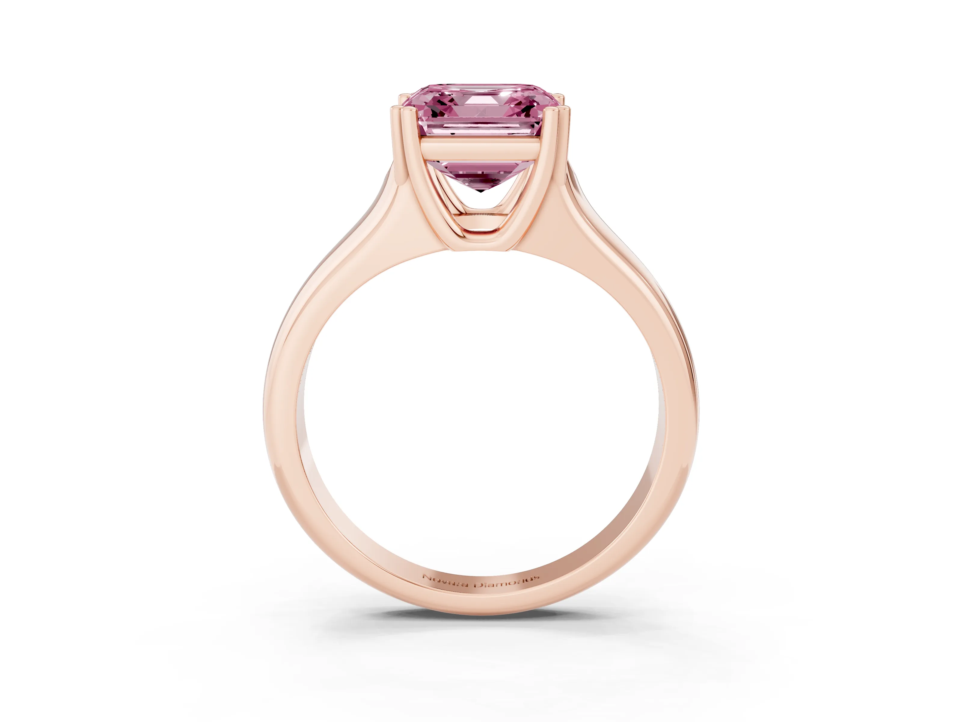 Fancy Pink Asscher Cut Diamond Solitaire Ring Set in Rose gold with Wide Band and Prong Setting
