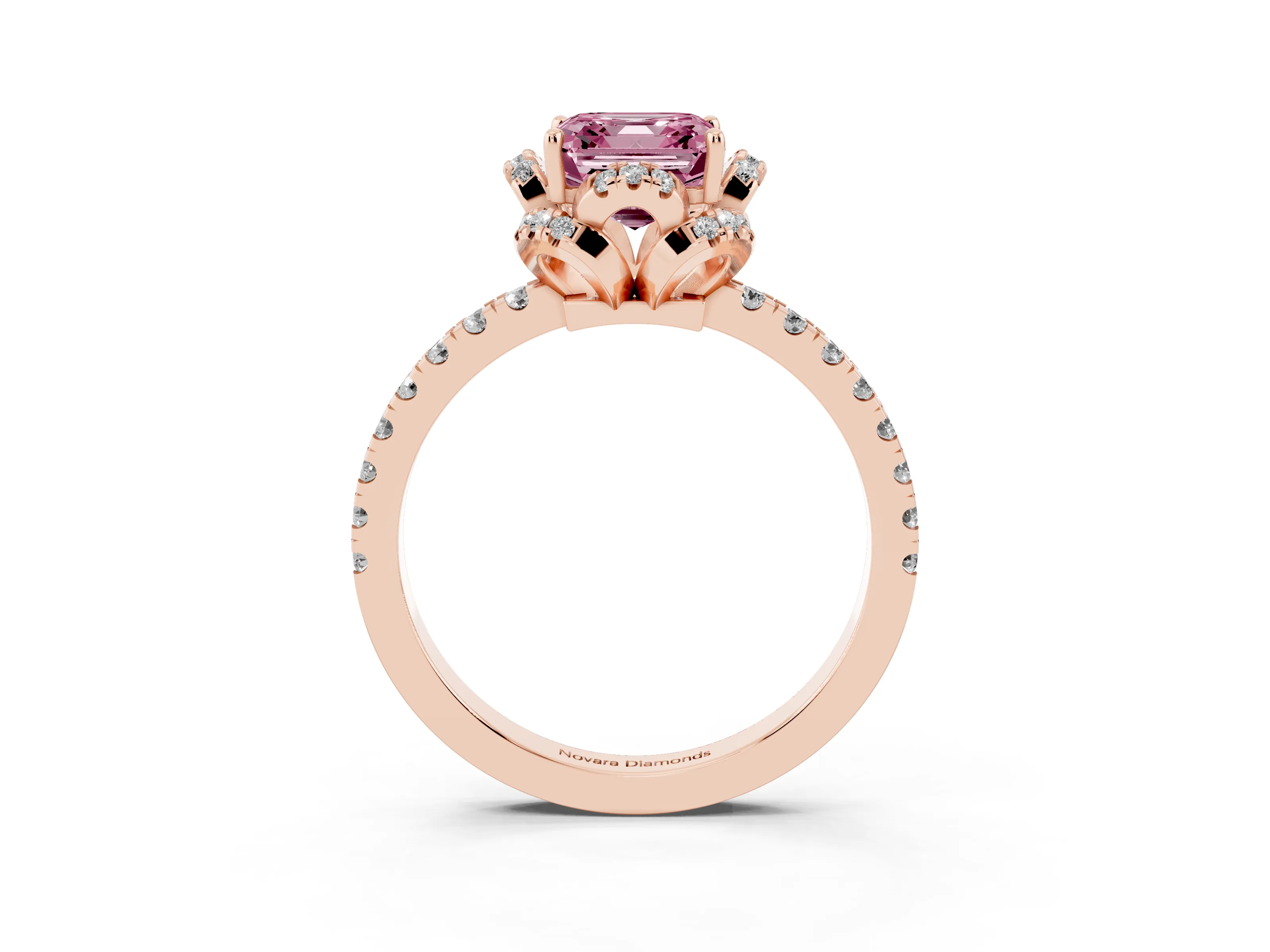Fancy Pink Asscher Cut Diamond Halo Pavé Band Ring Set in Rose gold with Prong-Held Center