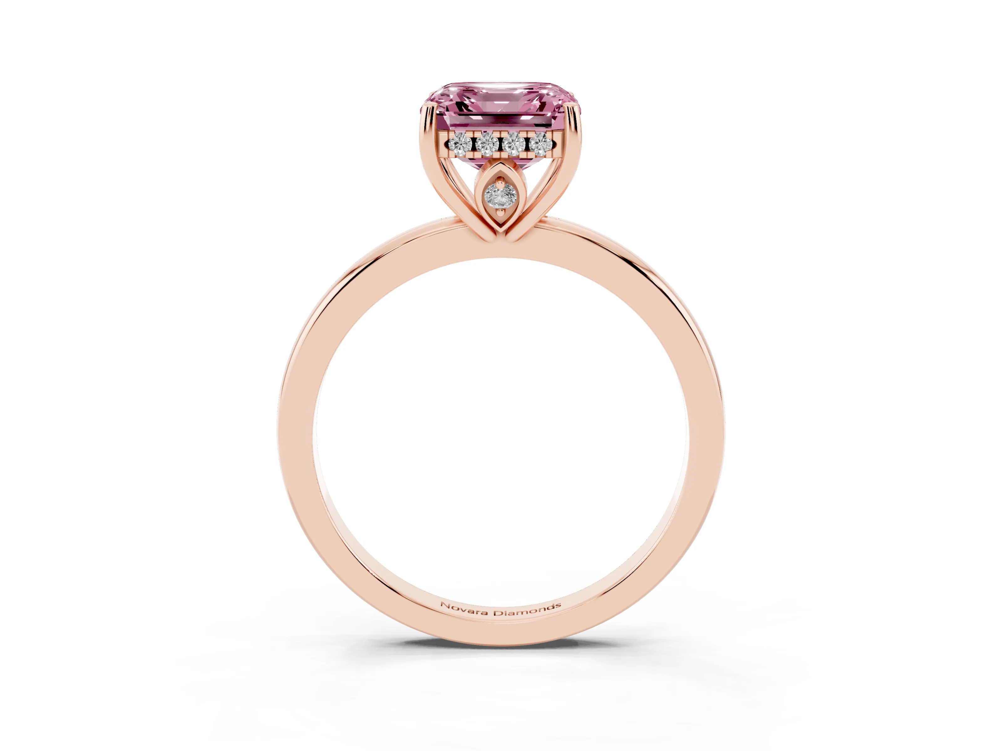 Fancy Pink Asscher Cut Diamond Solitaire Ring Set in Rose gold with Plain Band and Prong Setting
