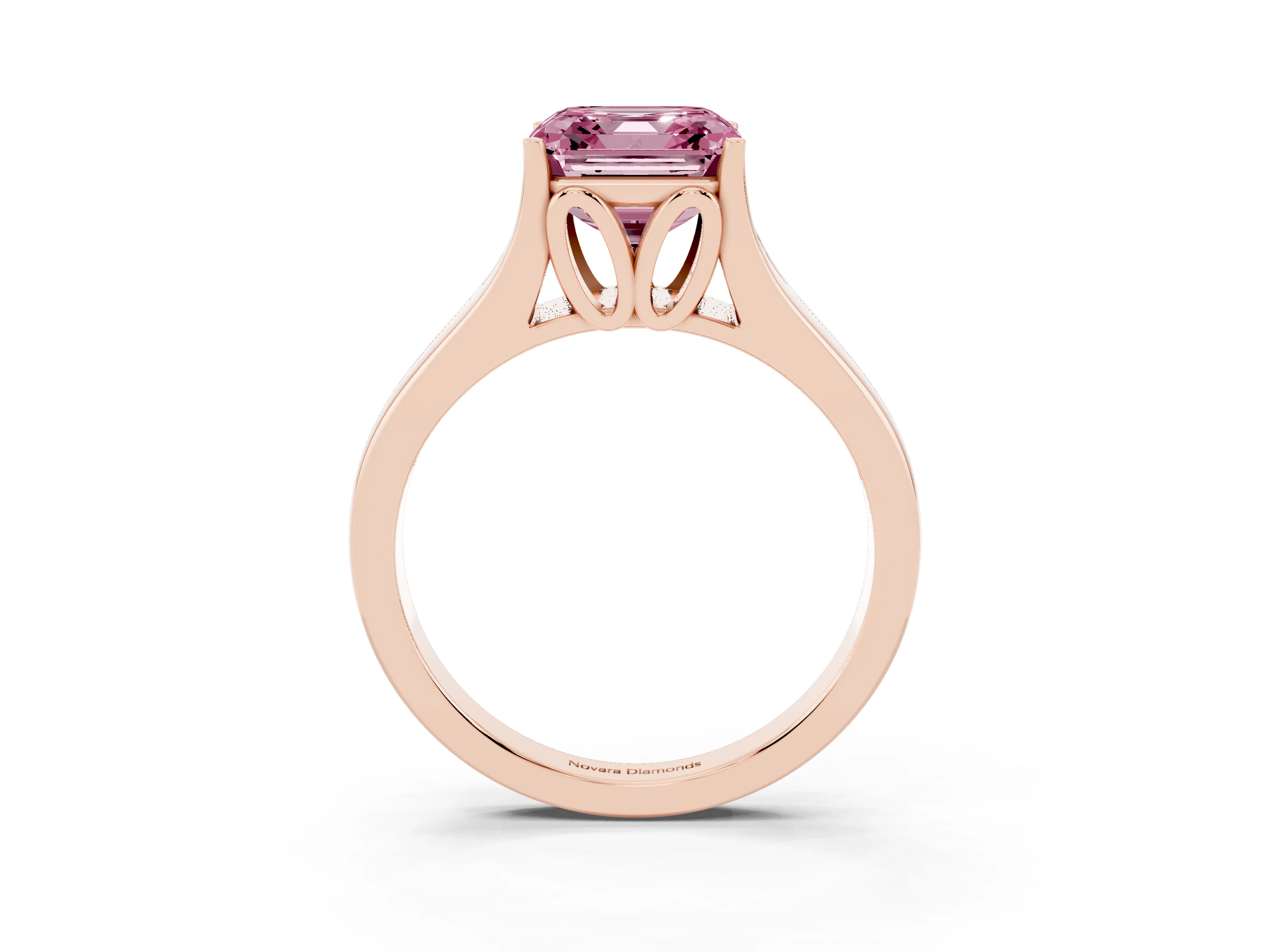 Fancy Pink Asscher Cut Diamond Solitaire Ring Set in Rose gold with Arched Cathedral Band and Prong Setting