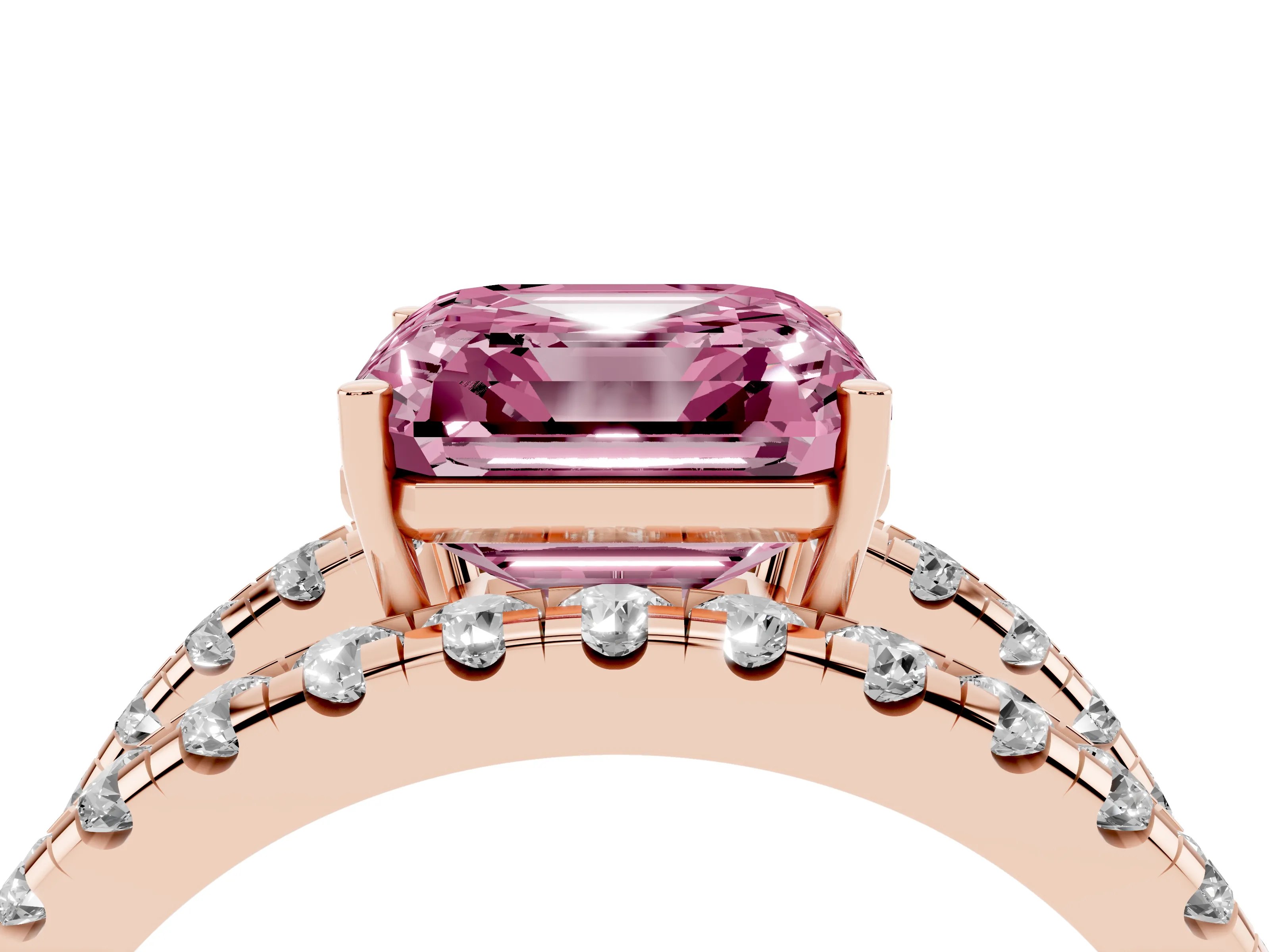 Fancy Pink Asscher Cut Diamond Split Shank Pavé Solitaire Ring Set in Rose gold with Open Shank Design