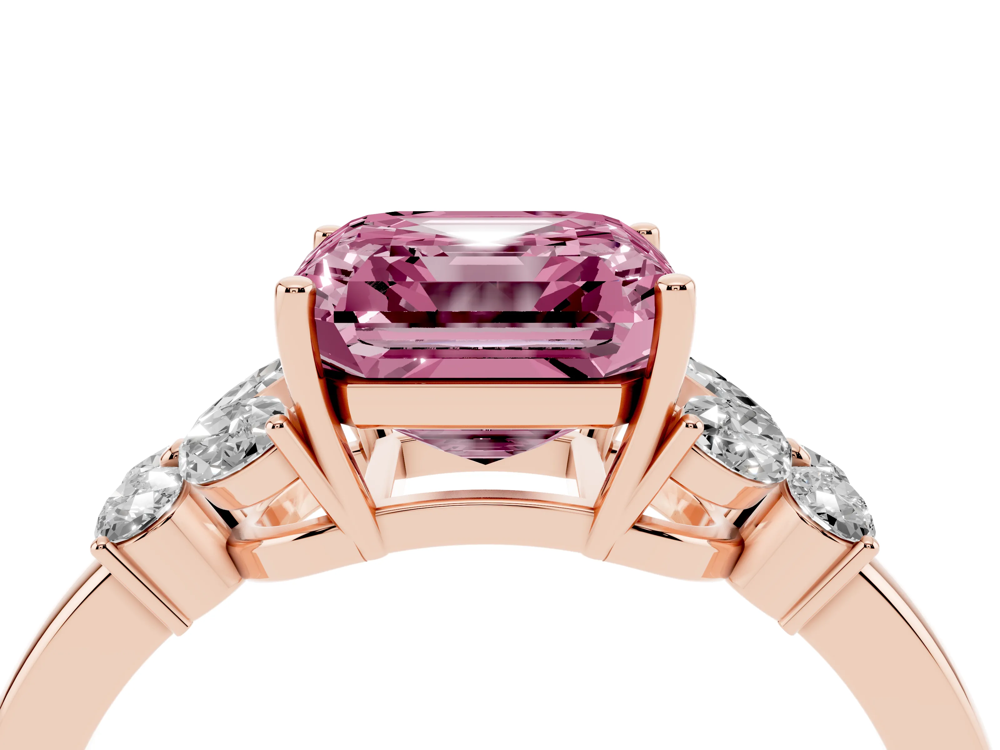 Fancy Pink Asscher Cut Diamond Solitaire Floral Ring Set in Rose gold with Marquise Petals and Prong Setting