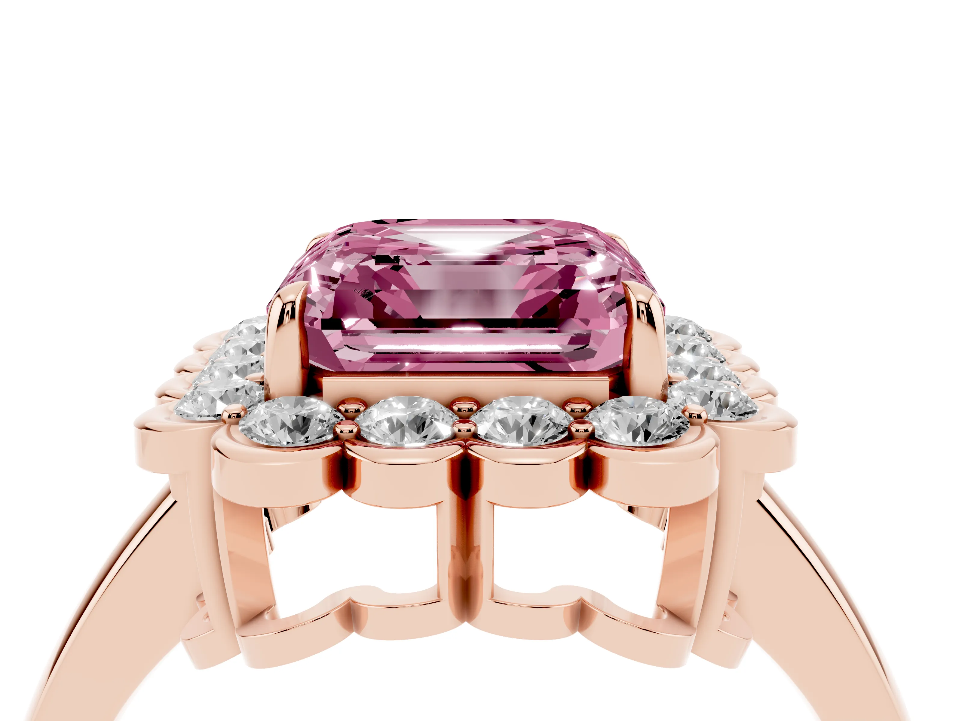 Fancy Pink Asscher Cut Diamond Halo Cluster Engagement Ring Set in Rose gold with Solitaire Band and Prong Setting
