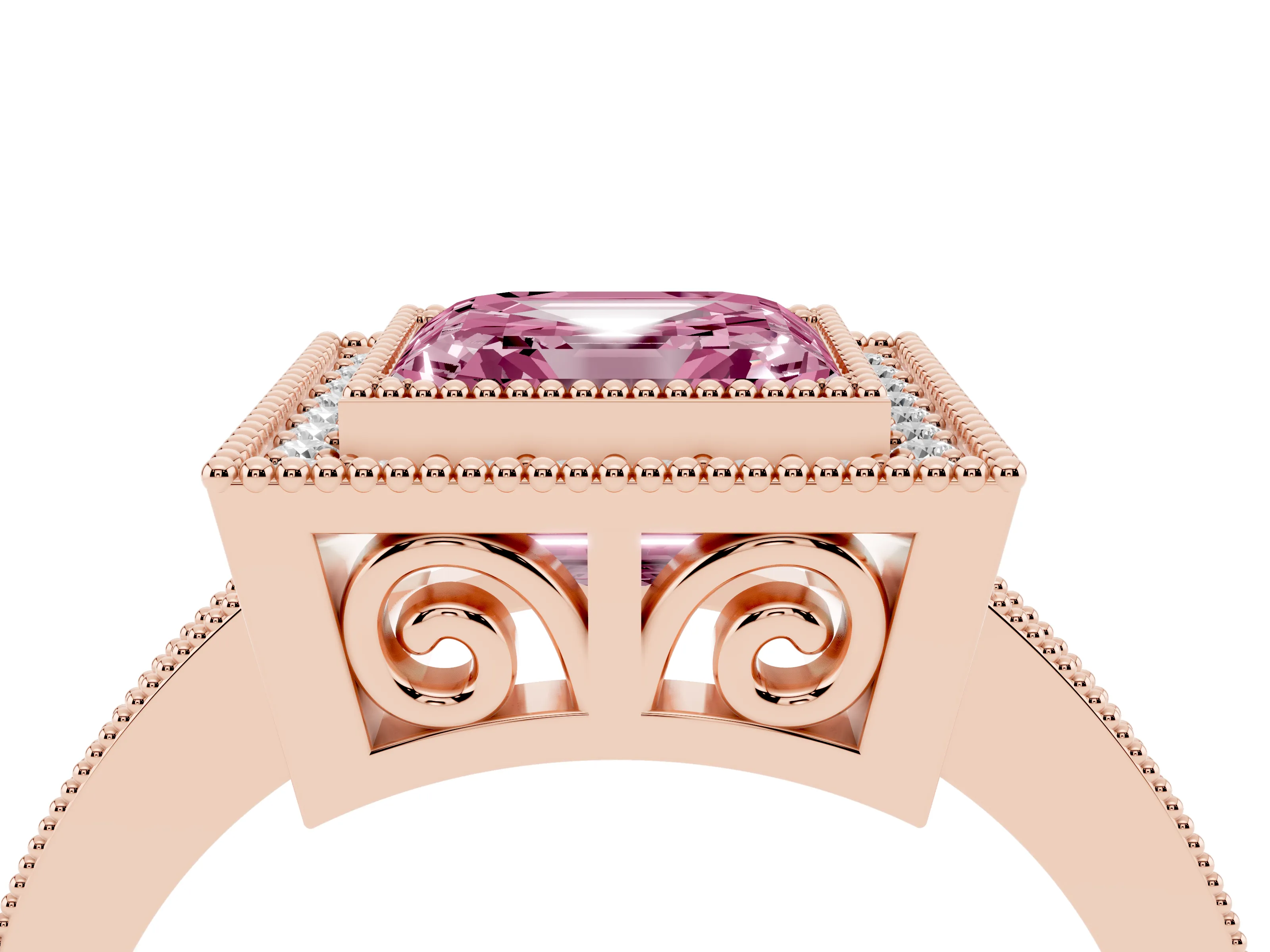 Fancy Pink Asscher Cut Diamond Round Halo Ring Set in Rose gold with Pavé Band